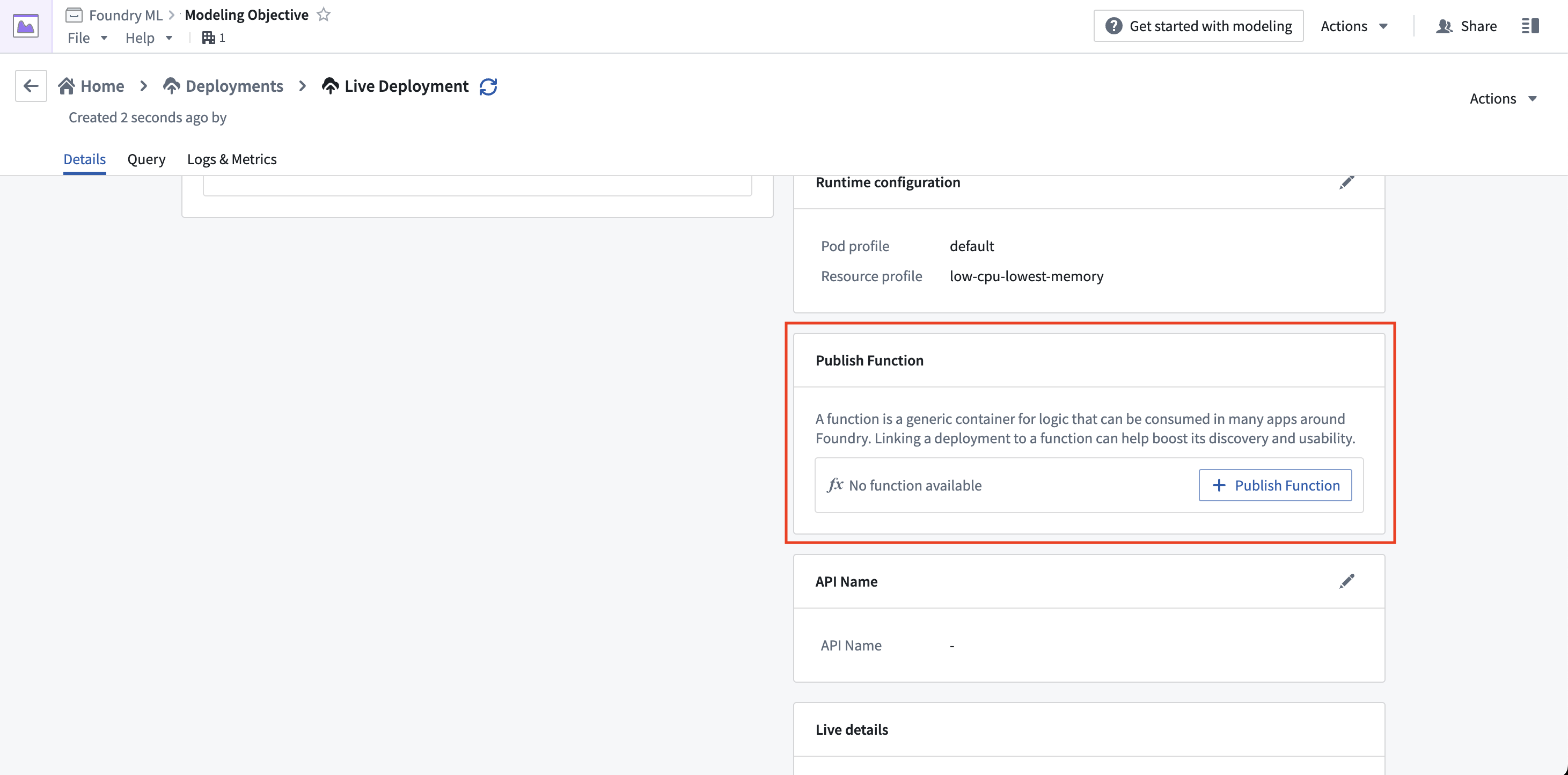 The Publish Function card in the deployment sidebar.
