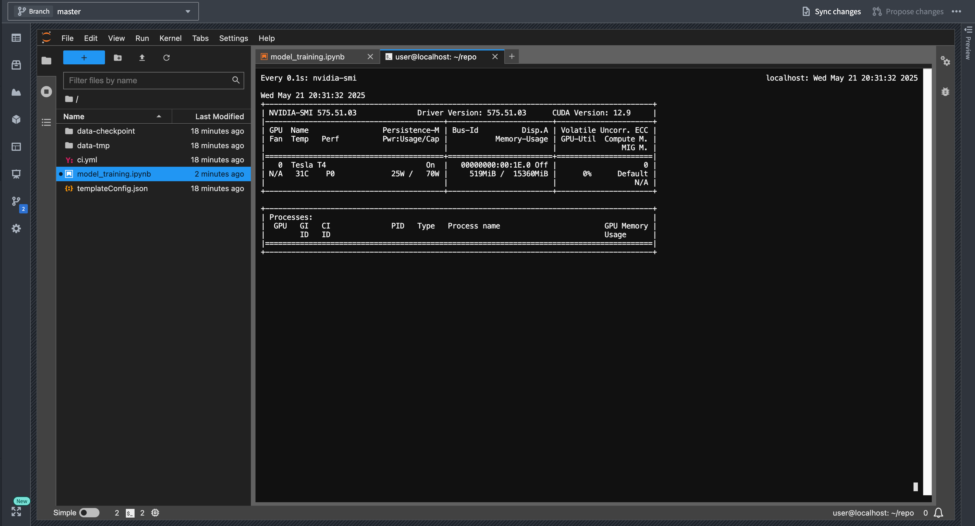 The nvidia-smi output to monitor GPU usage.