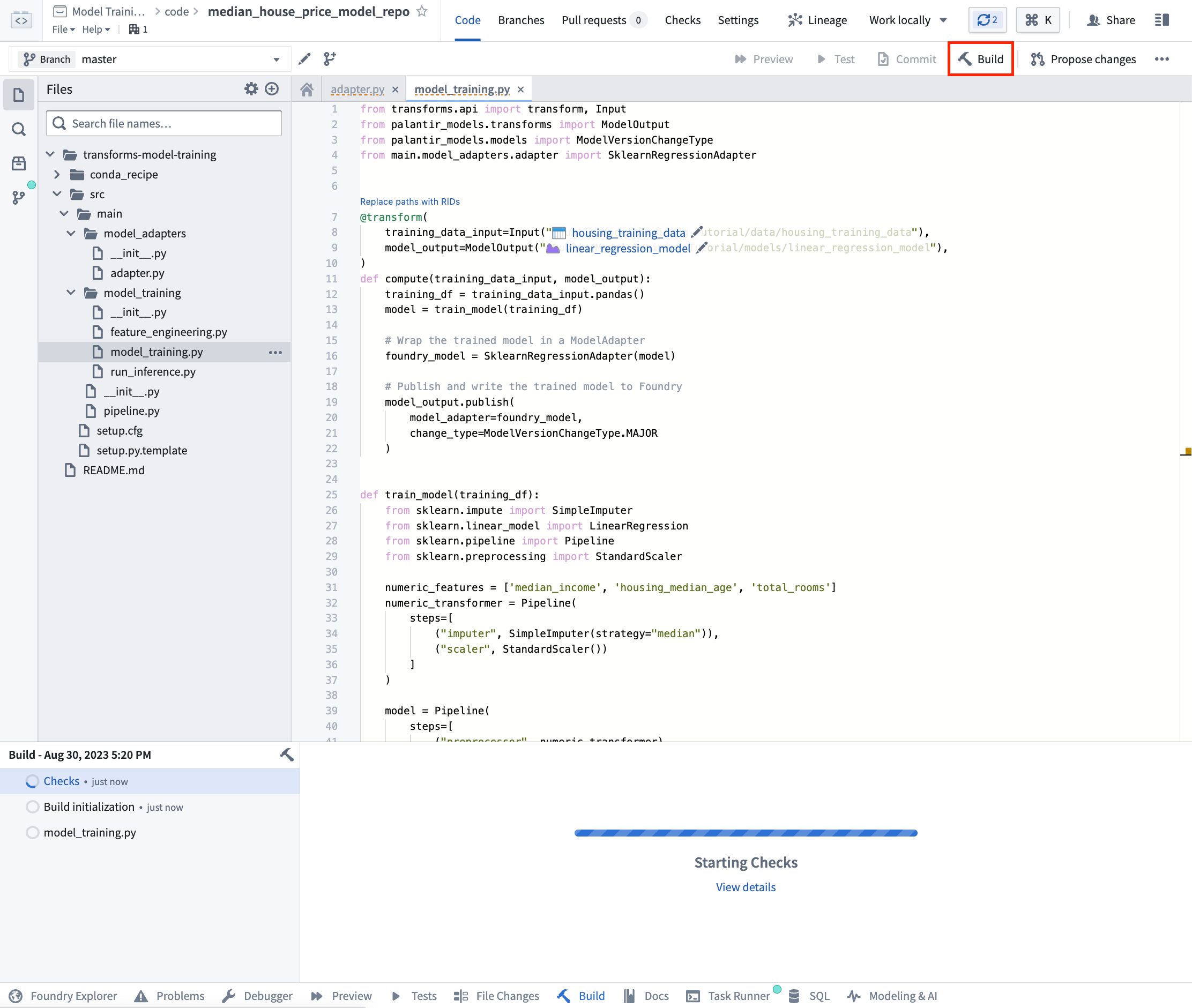 Model training logic in the Model Training code repositories template in Palantir Foundry