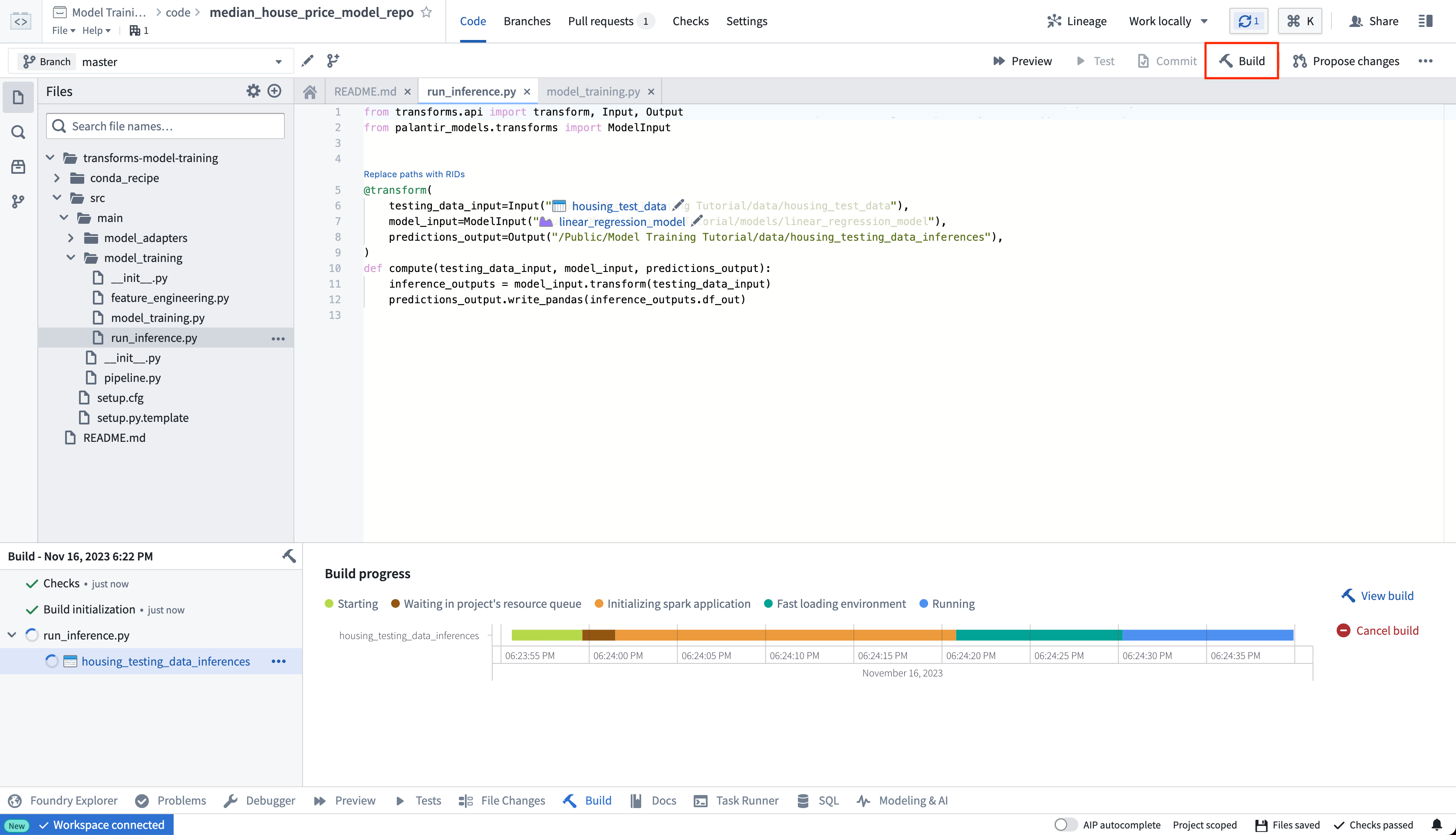 Build model inferences in the code repositories application in Palantir Foundry