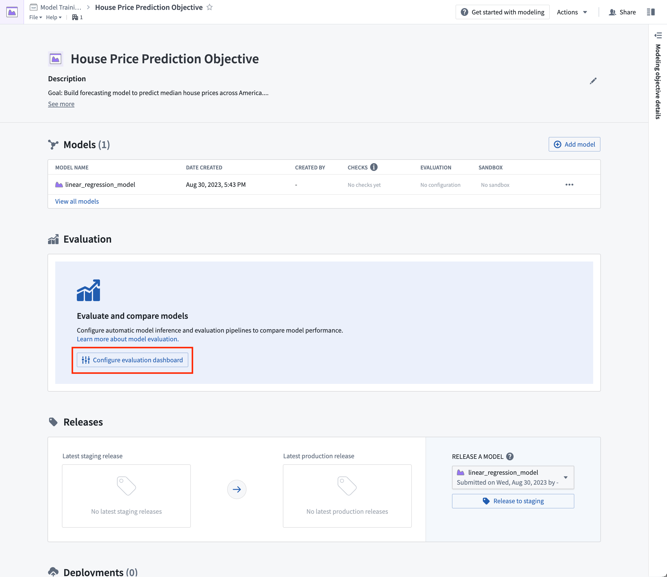 Configure evaluation pipeline in the Modeling Objectives application.