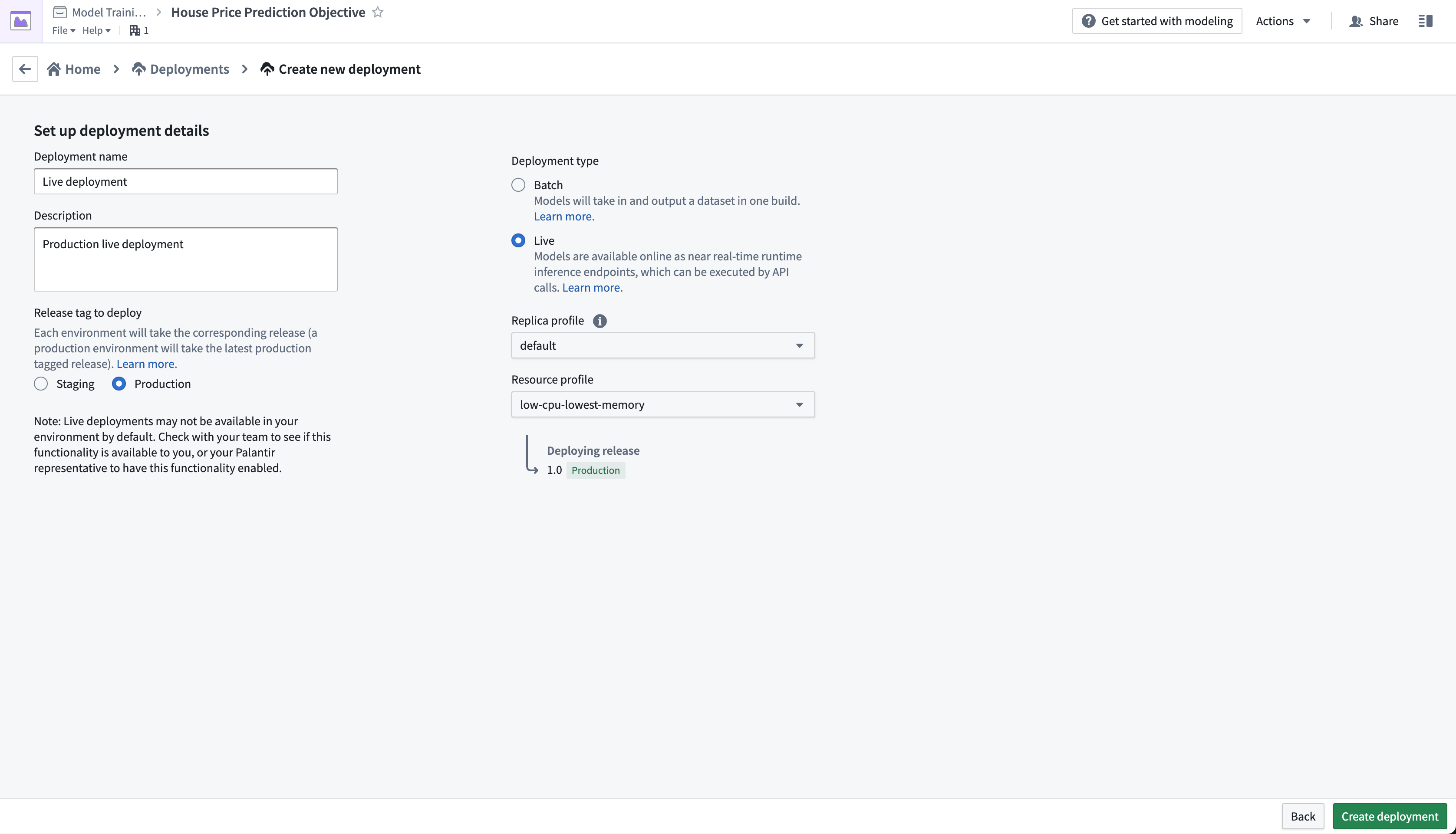 Configure a live deployment in a modeling objective configuration