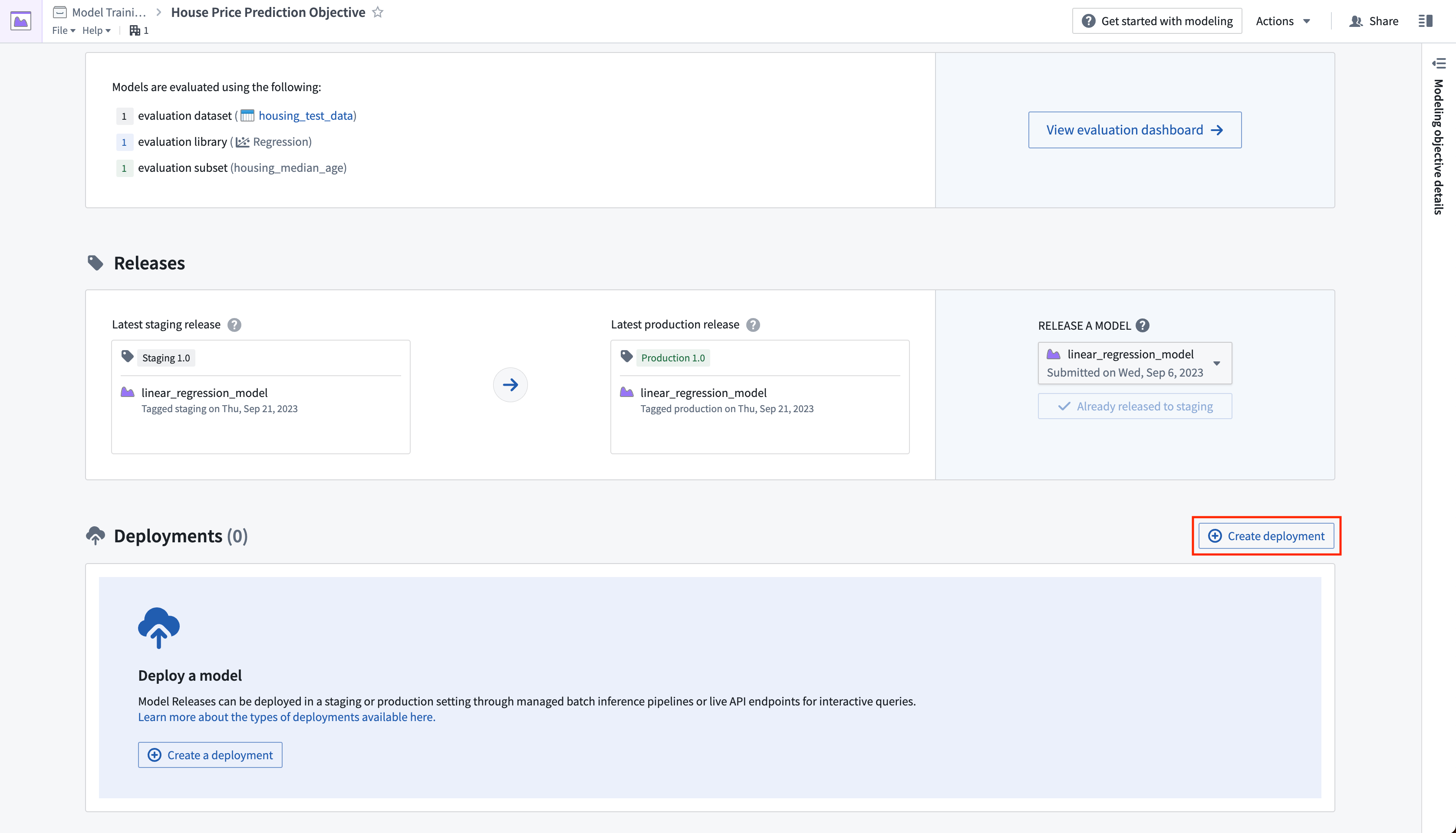 Create a deployment in a modeling objective configuration