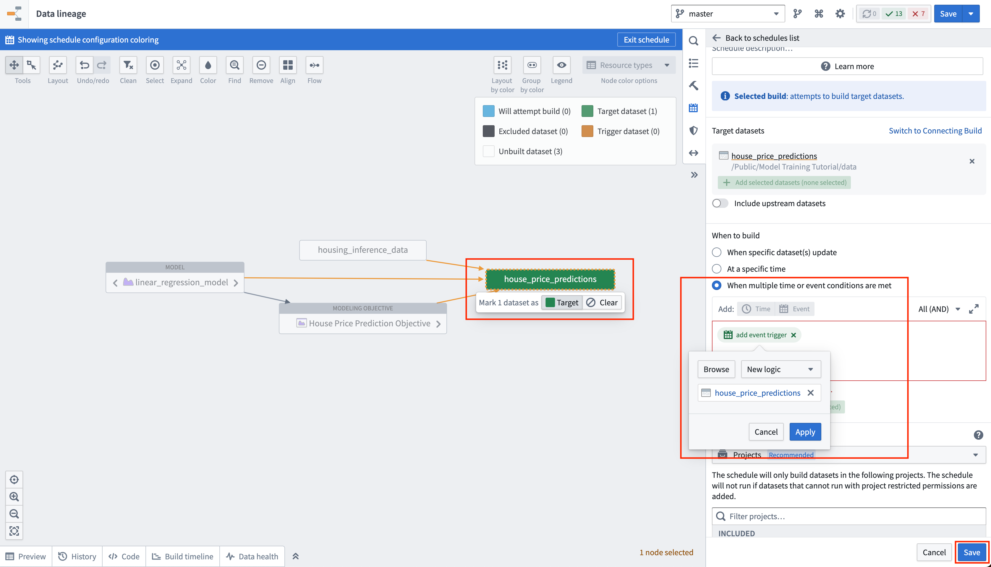 Create a new logic schedule on a dataset that is the output from a modeling objective