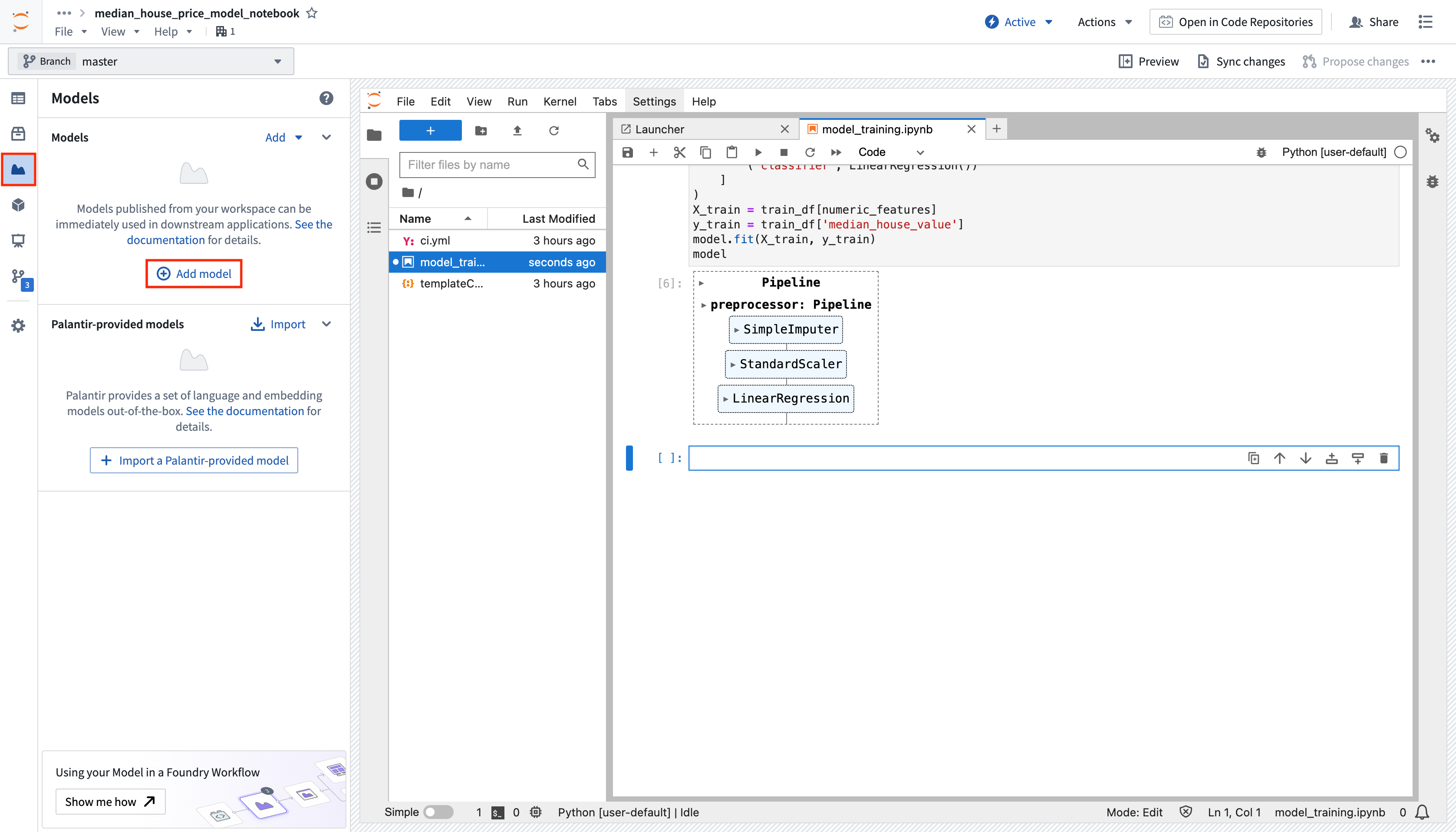 Create a new model in Jupyter® Code Workspaces in Palantir Foundry