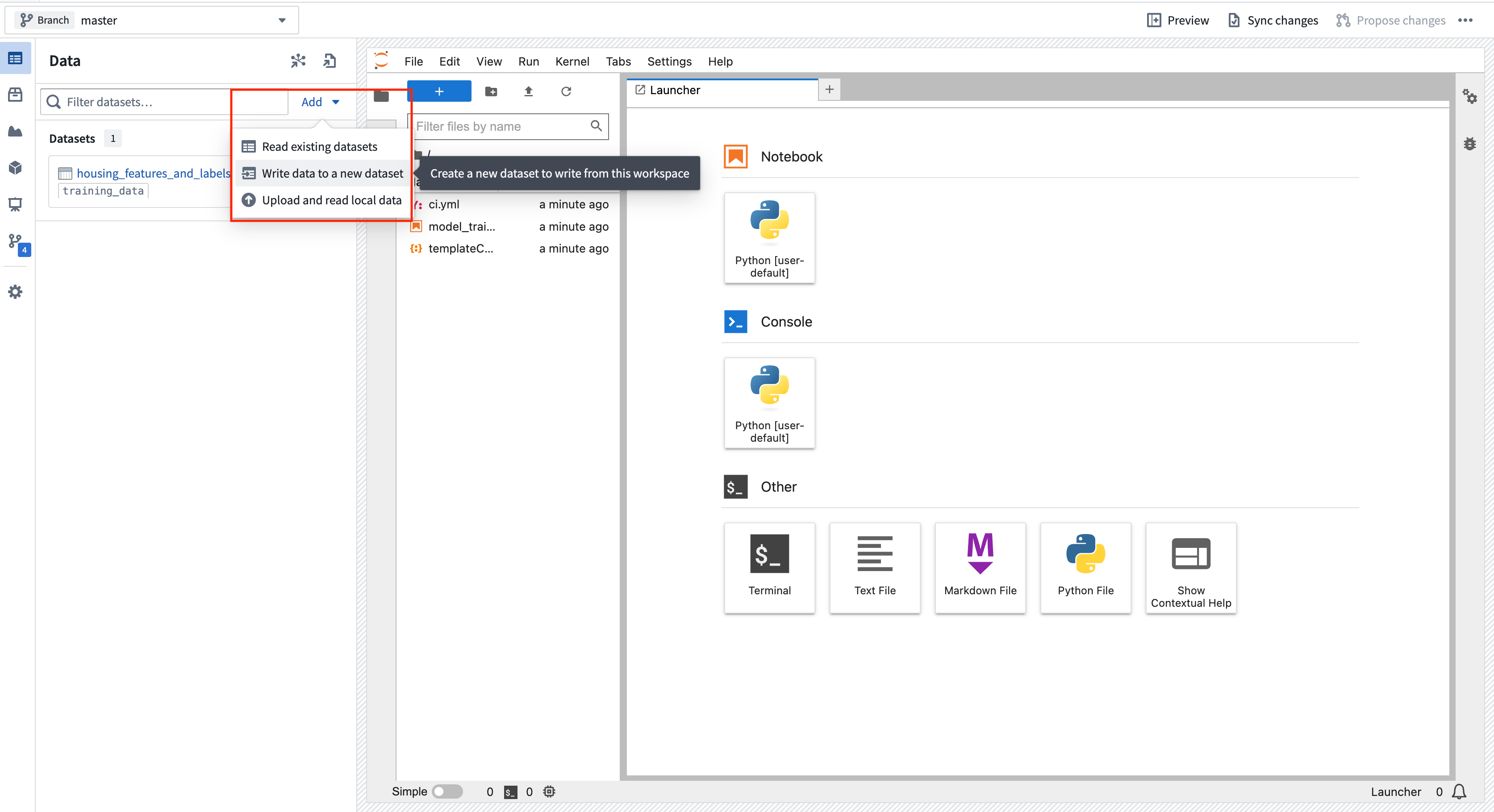 Create a new dataset output in Jupyter® in the Code Workspaces application