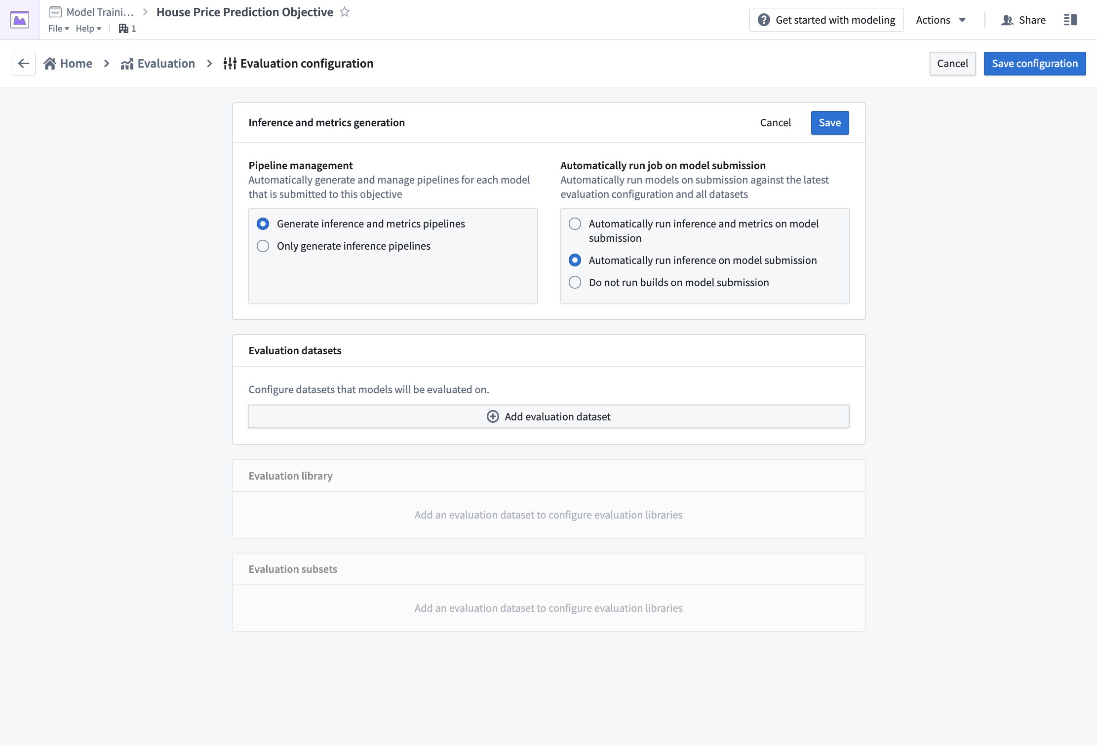 Empty evaluation configuration in a modeling objective in Palantir Foundry.