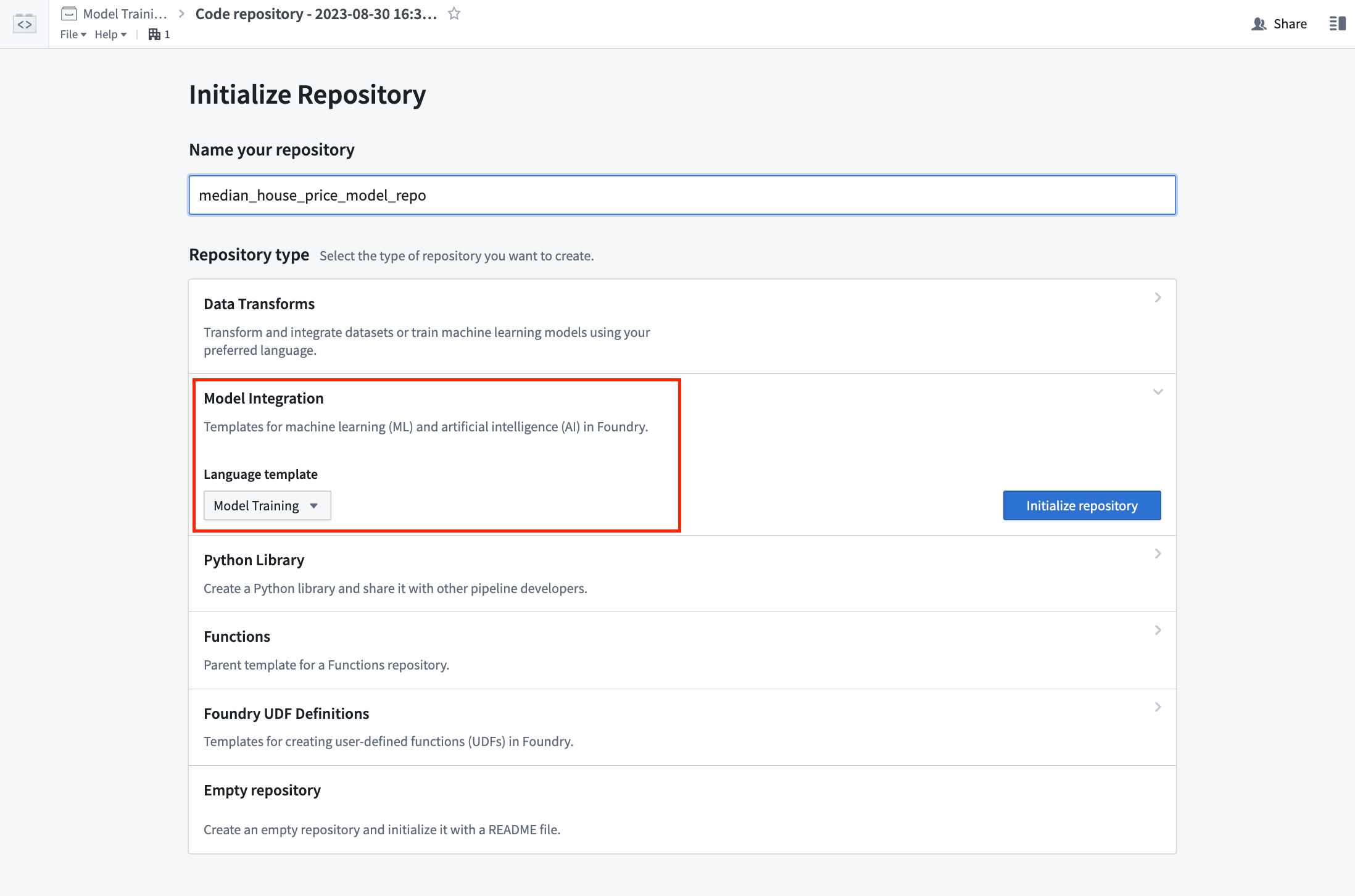 Initialize the Model Training Template