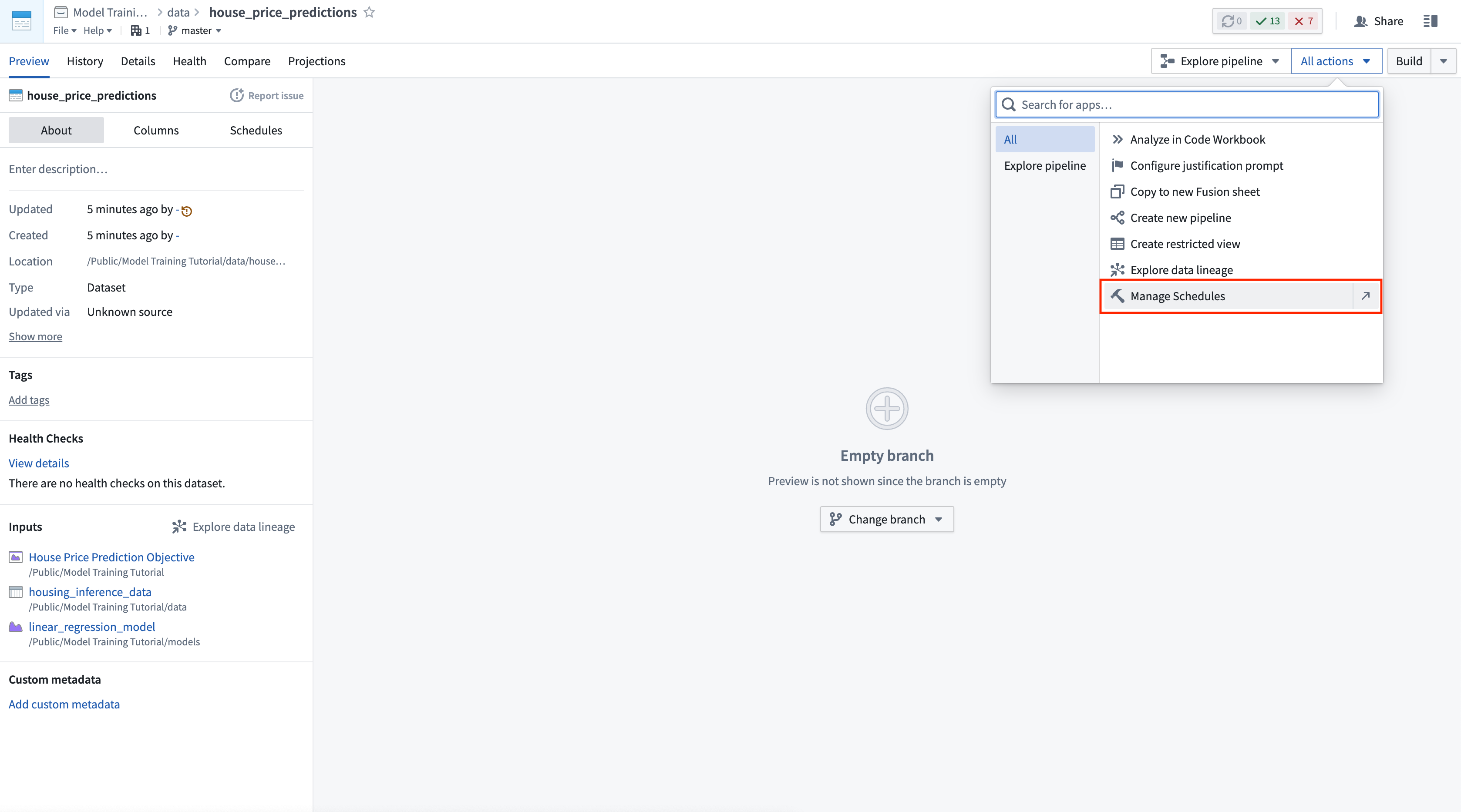 Manage schedules for an empty dataset