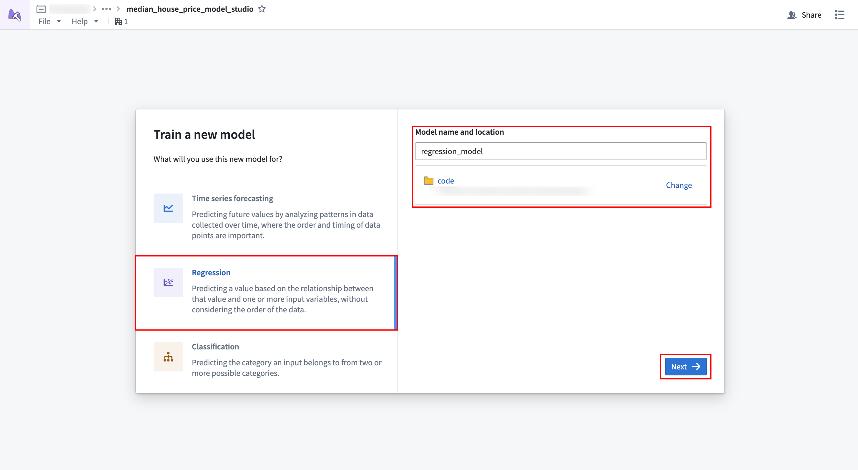 Selecting a trainer and setting the model output in Model Studio.