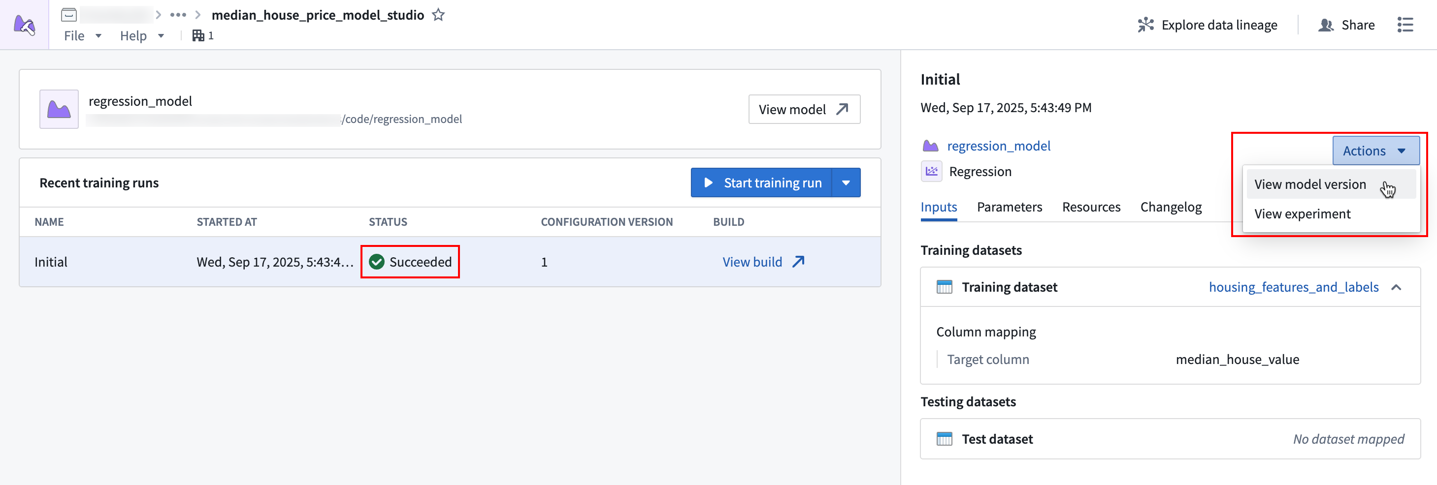 The Model Studio homepage with view model version highlighted.