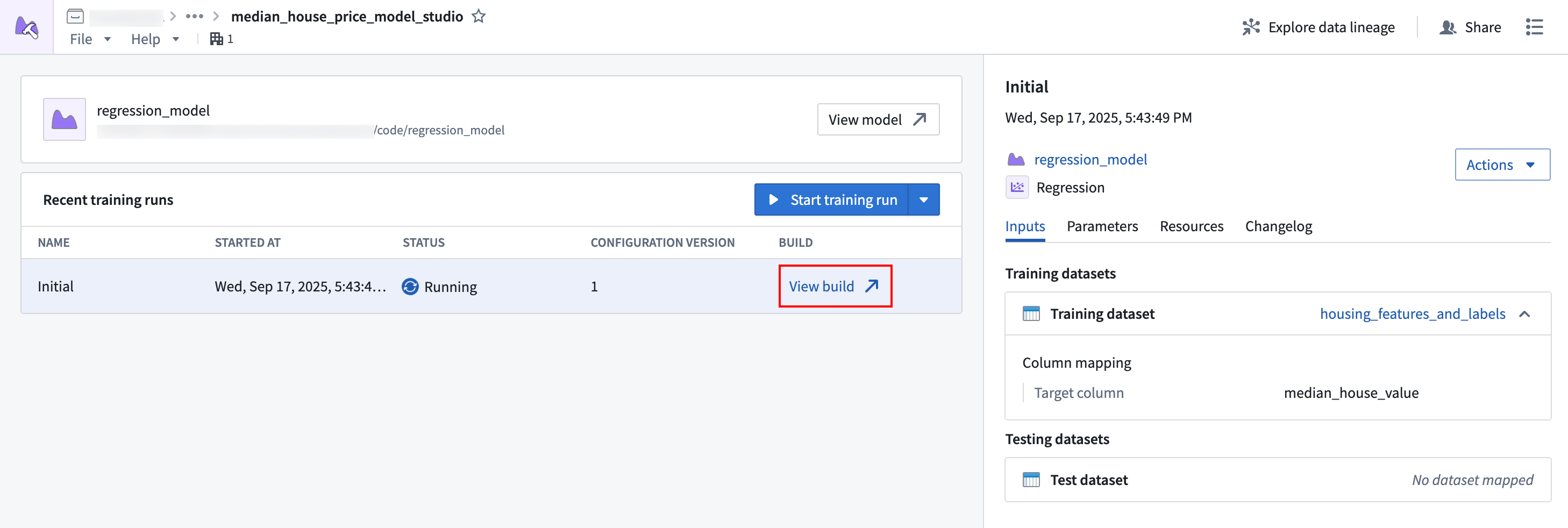 The Model Studio homepage with view build highlighted.