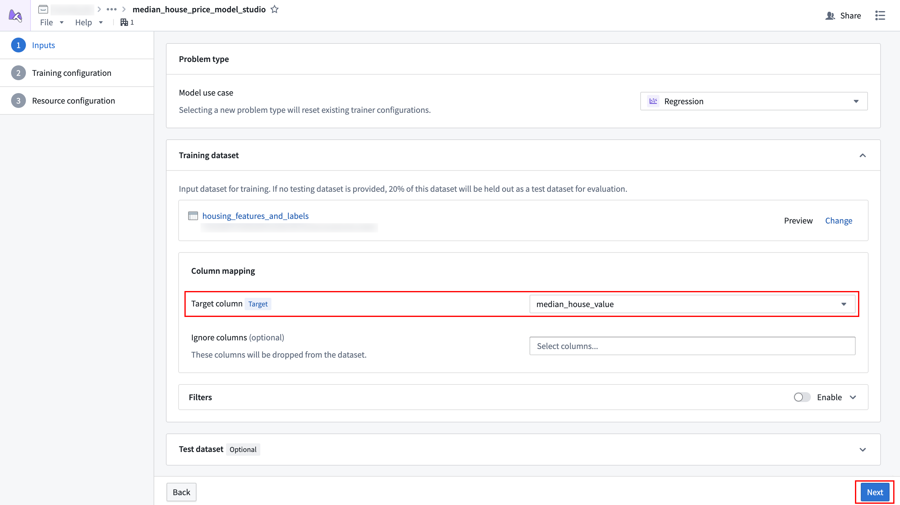 A model studio with a dataset mapped as input.