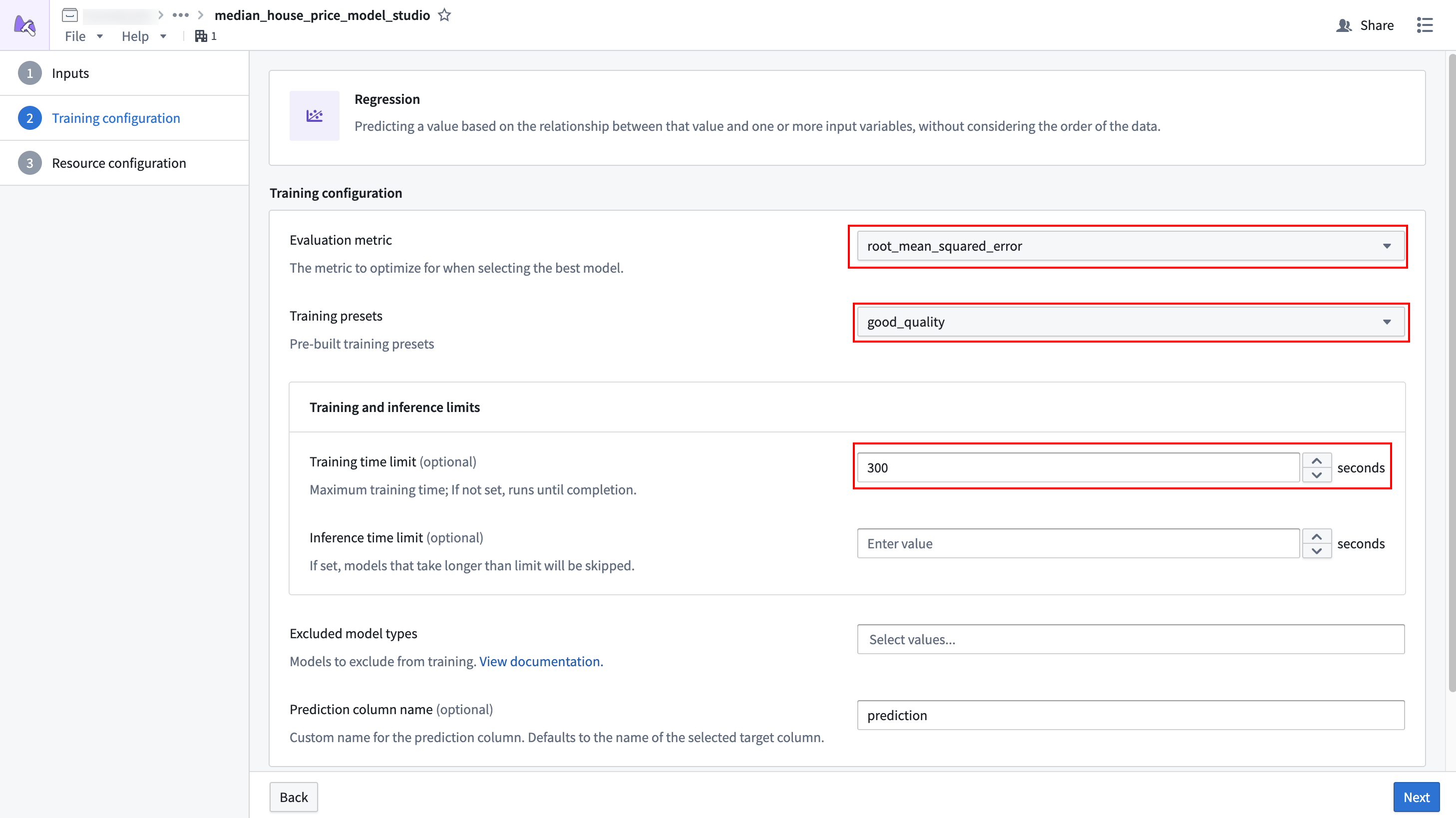 A model studio with set regression parameters.