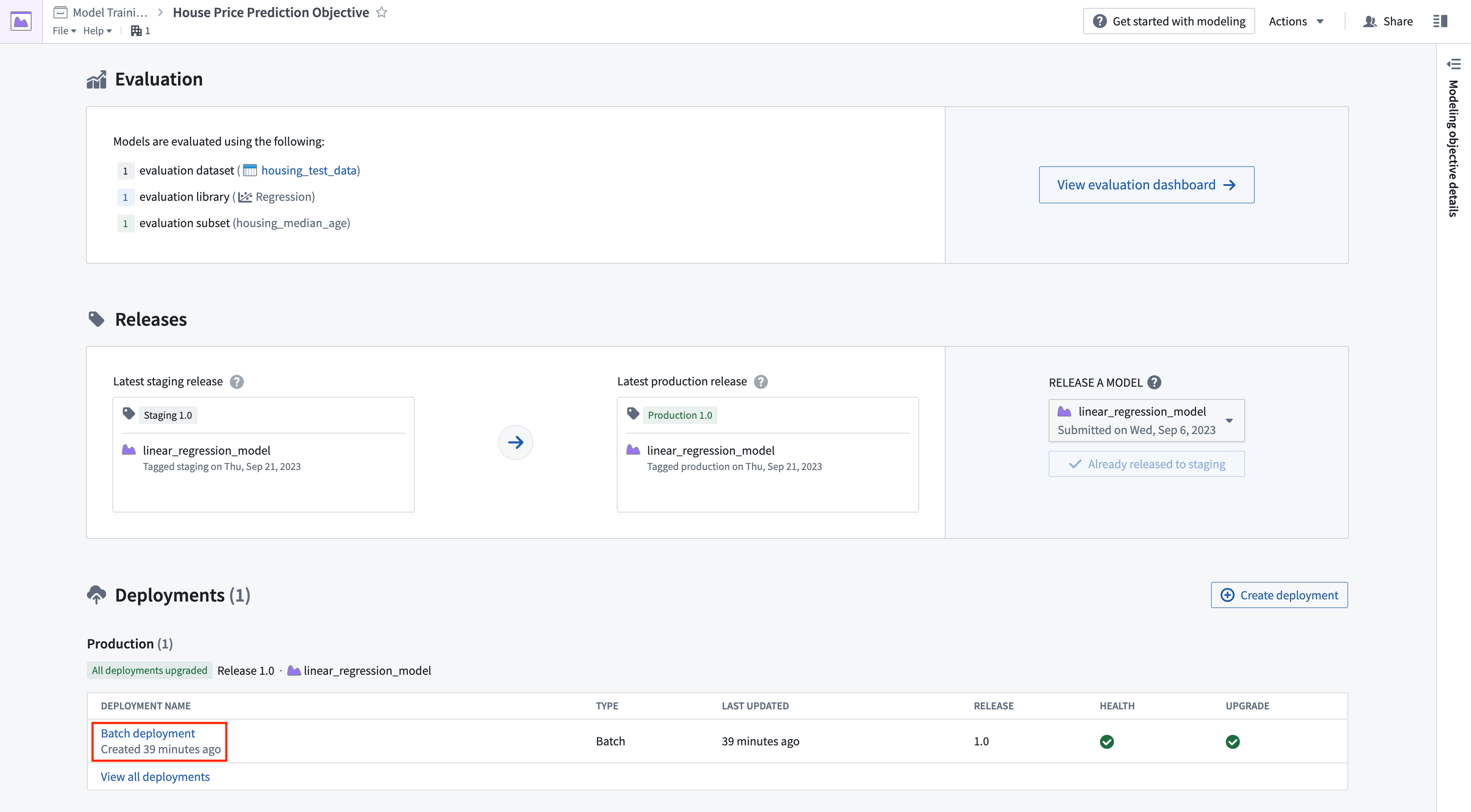 Open a batch deployment in a modeling objective