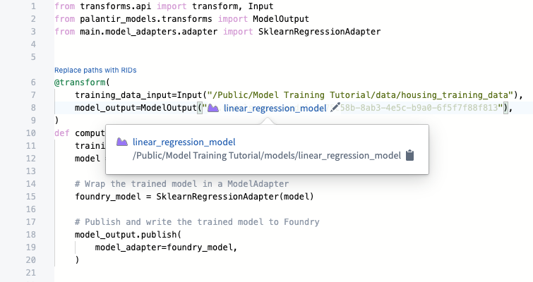 Open model in code repositories template in Palantir Foundry