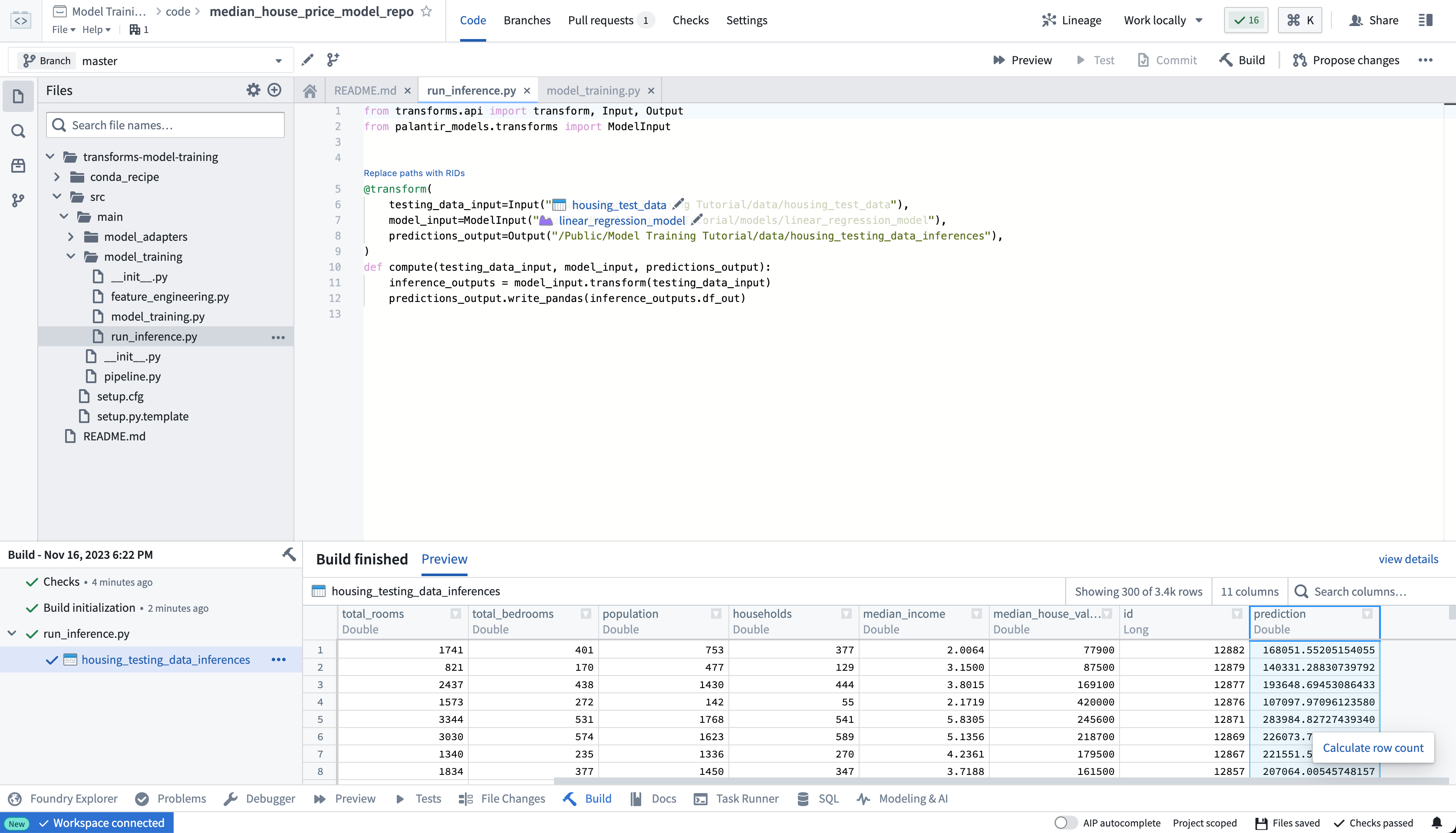 View model inferences in the code repositories application in Palantir Foundry