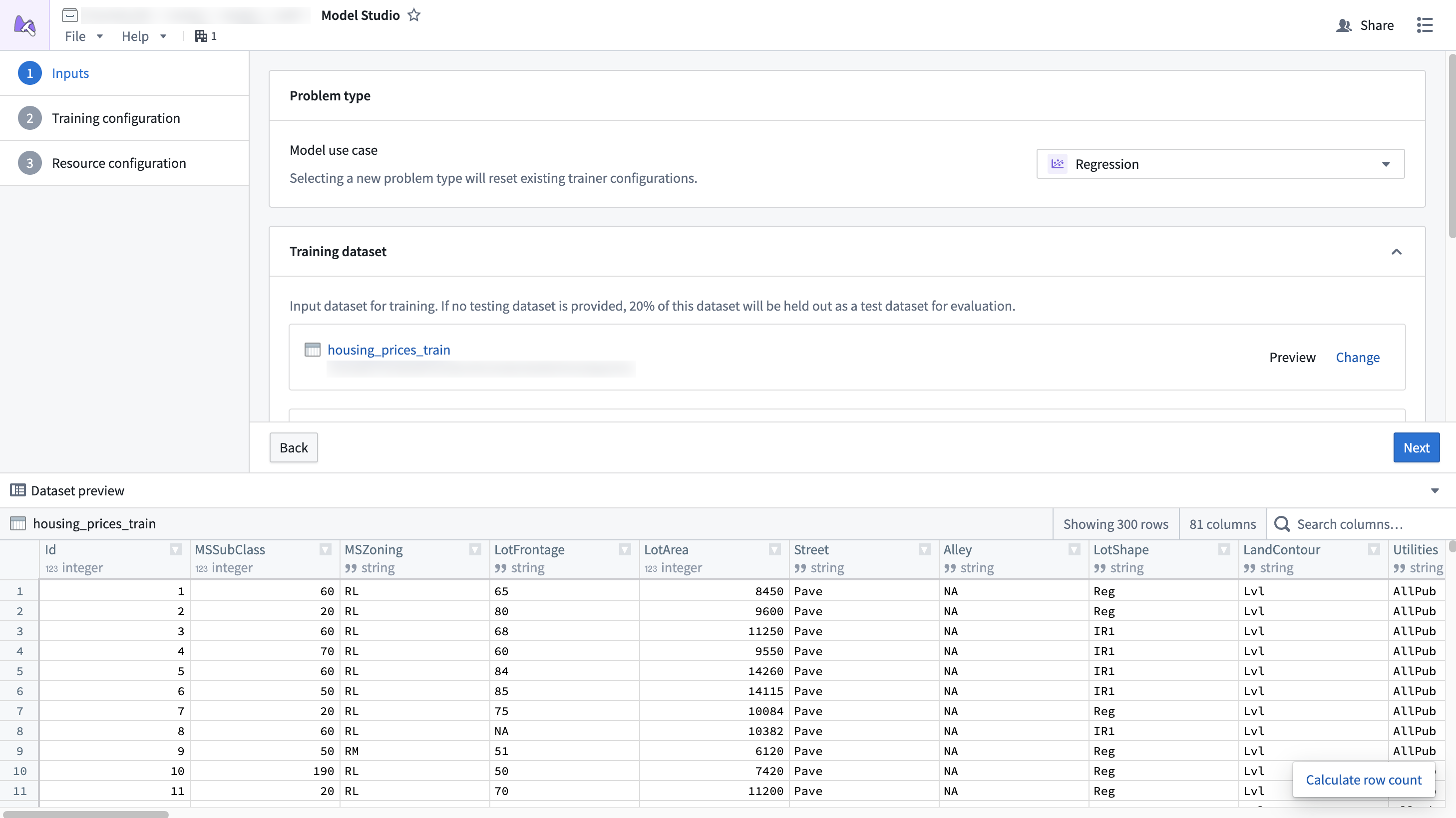 A dataset configuration page preview in Model Studio.