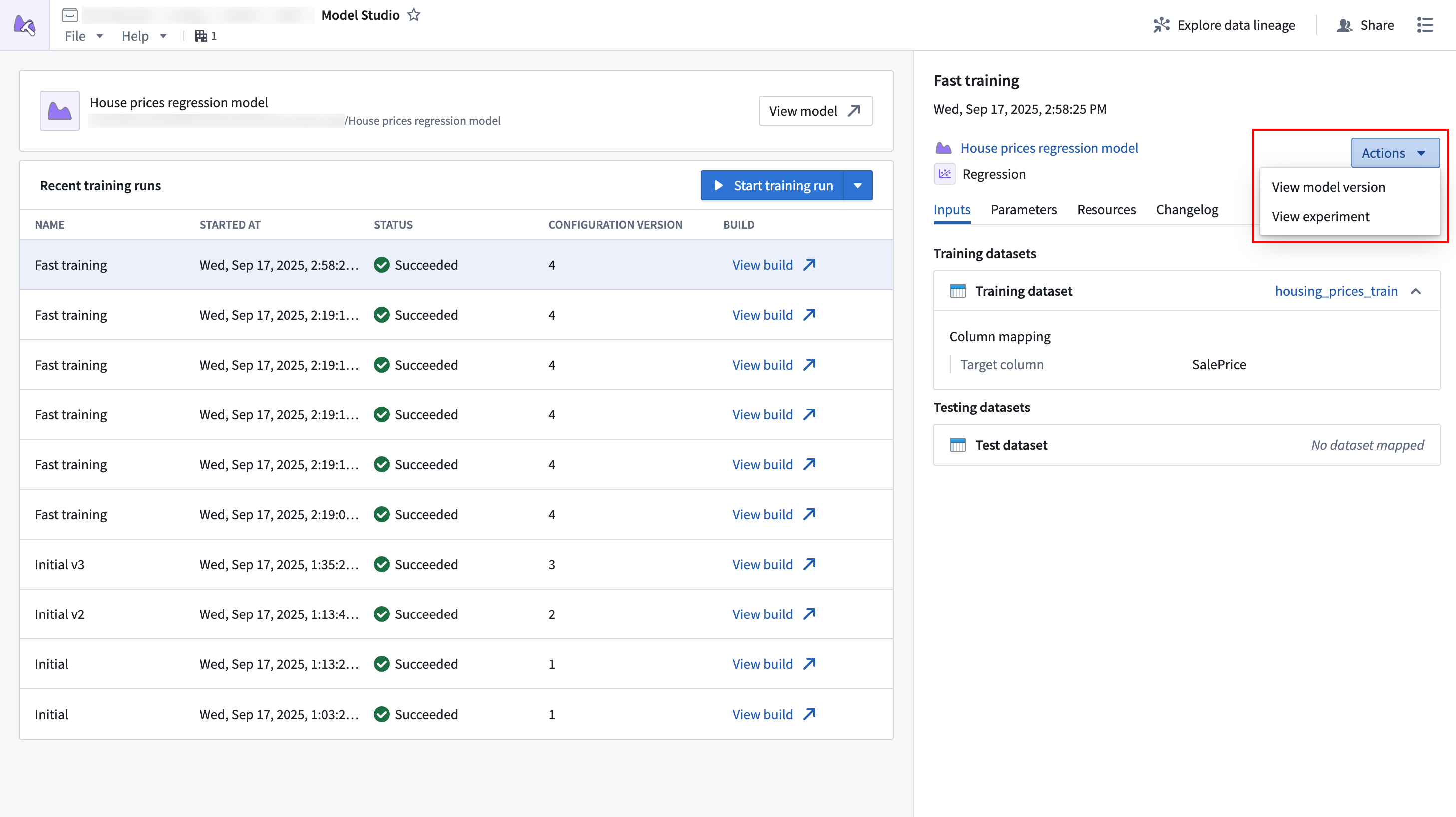 The Model Studio sidebar with the "Actions" dropdown highlighted.