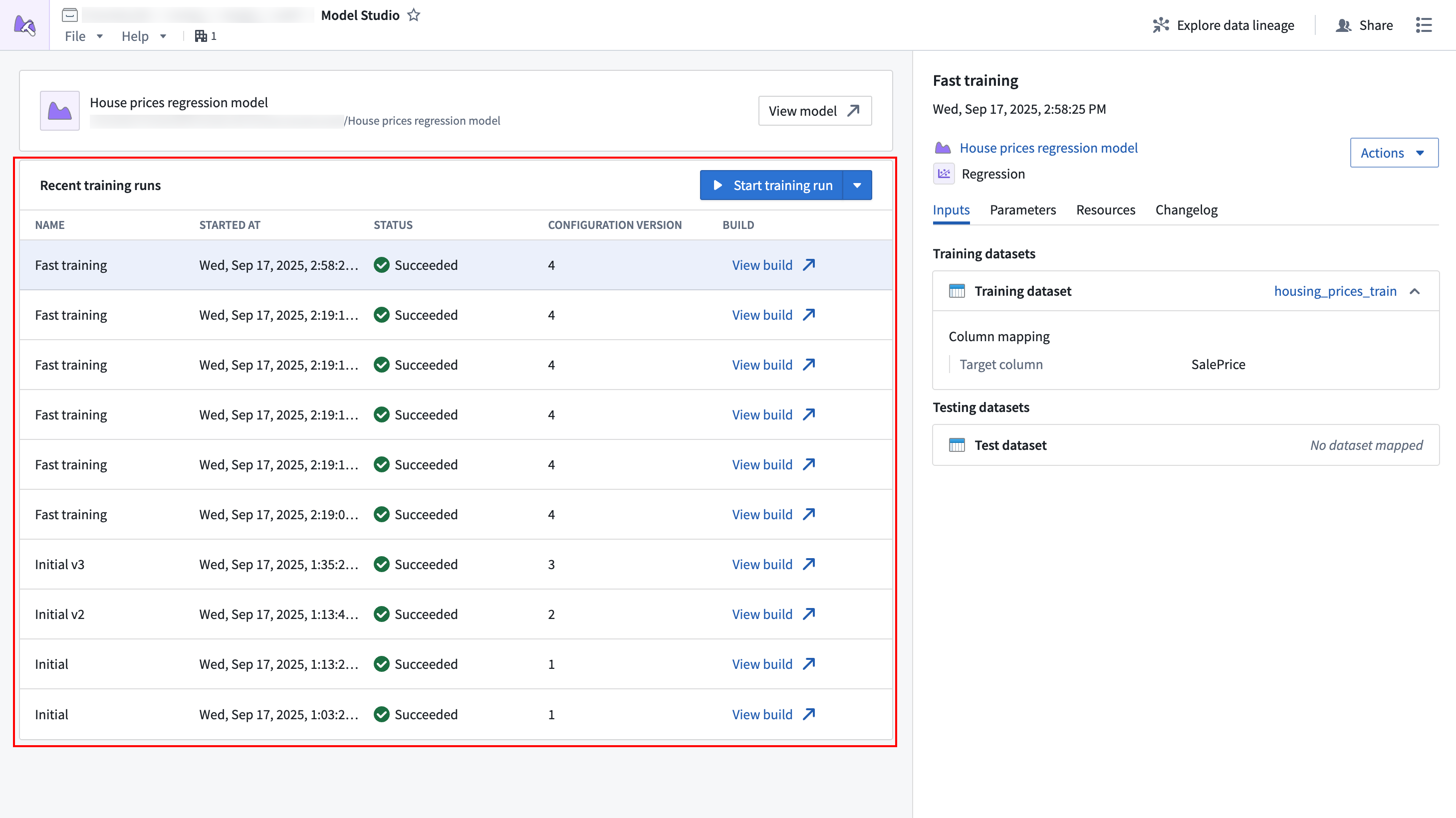 The Model Studio home page, with the "Recent training runs" table highlighted.