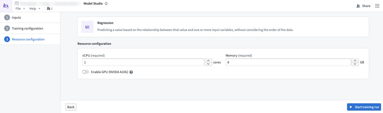 The Model studio resource configuration page.