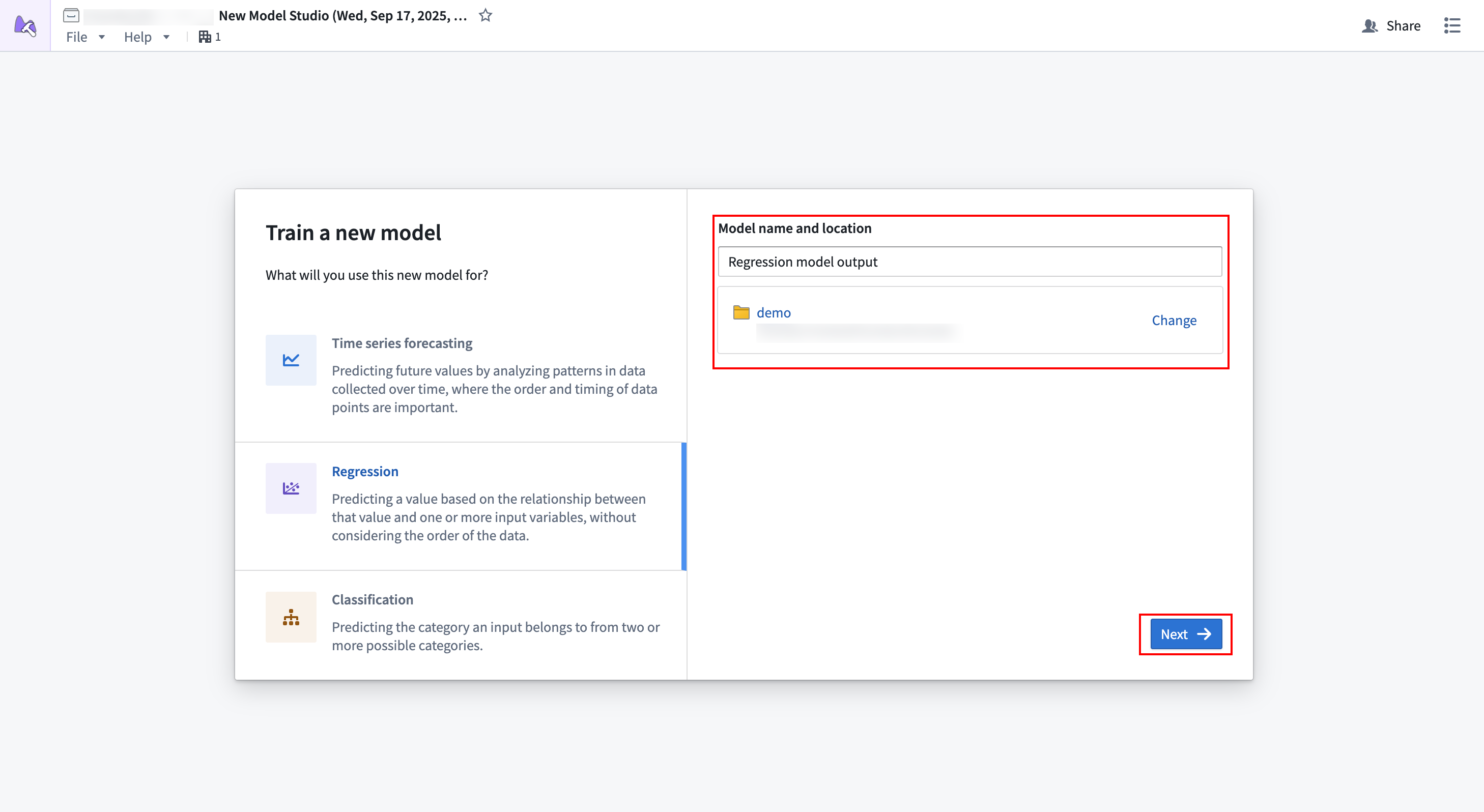 The first stage of setup with trainer selection options in Model Studio.
