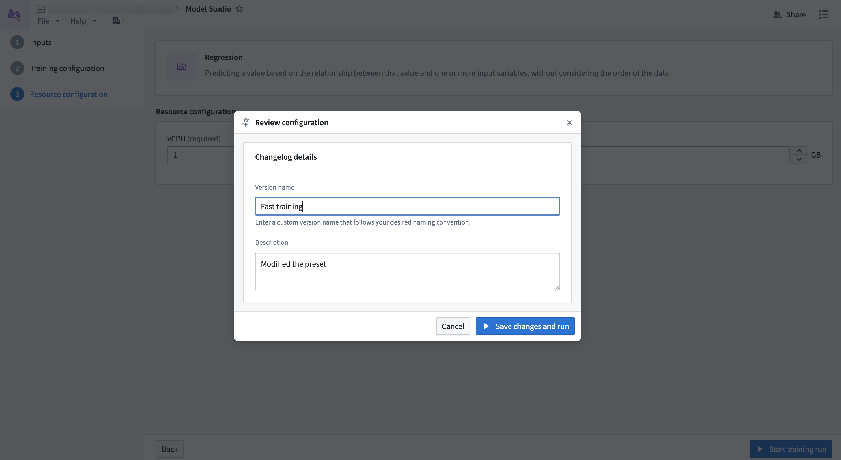 The Model Studio wizard review configuration.