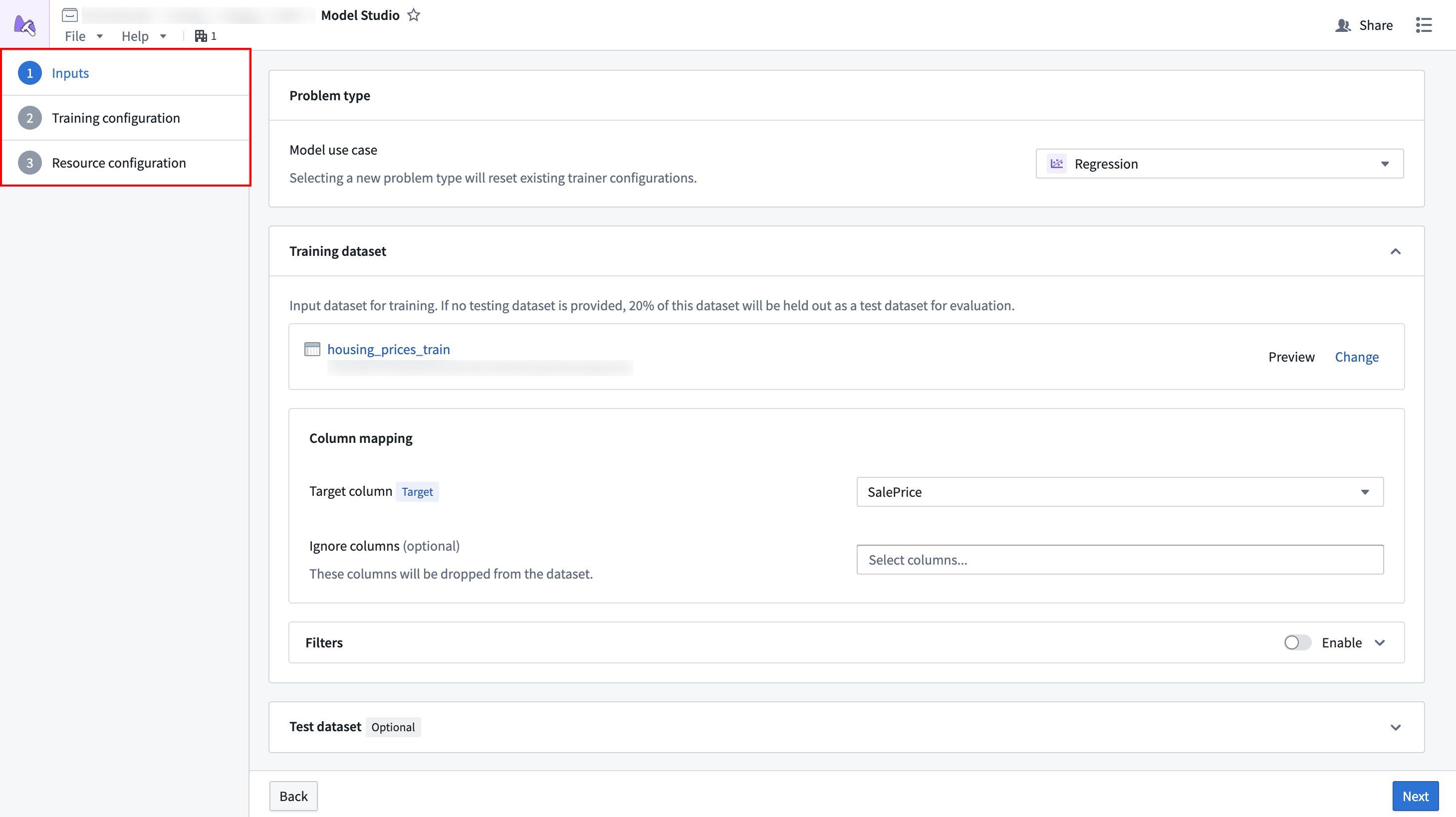 The configuration wizard steps in Model Studio.