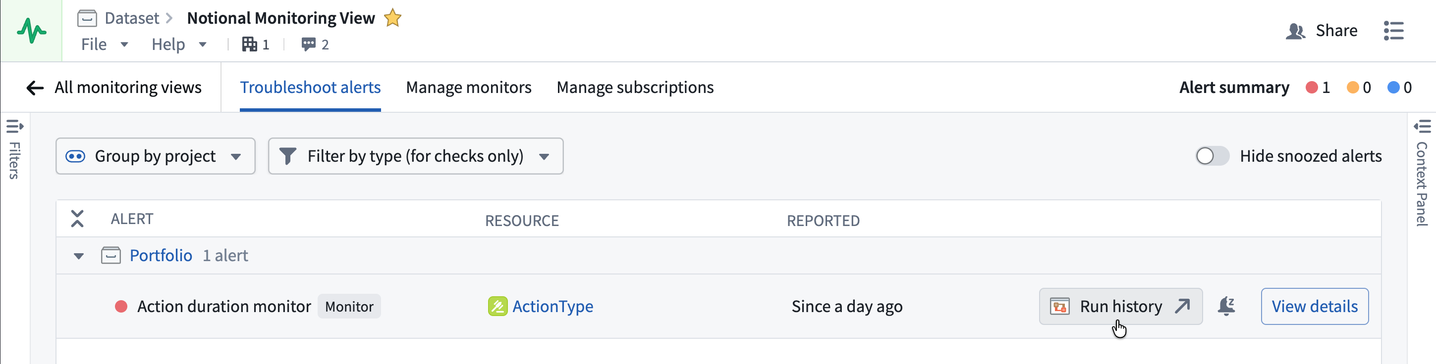 Run history button for an action type in the Troubleshoot alerts tab.