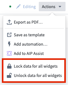 The Actions dropdown menu is displayed, where a user can lock or unlock data for the widgets in their Notepad.