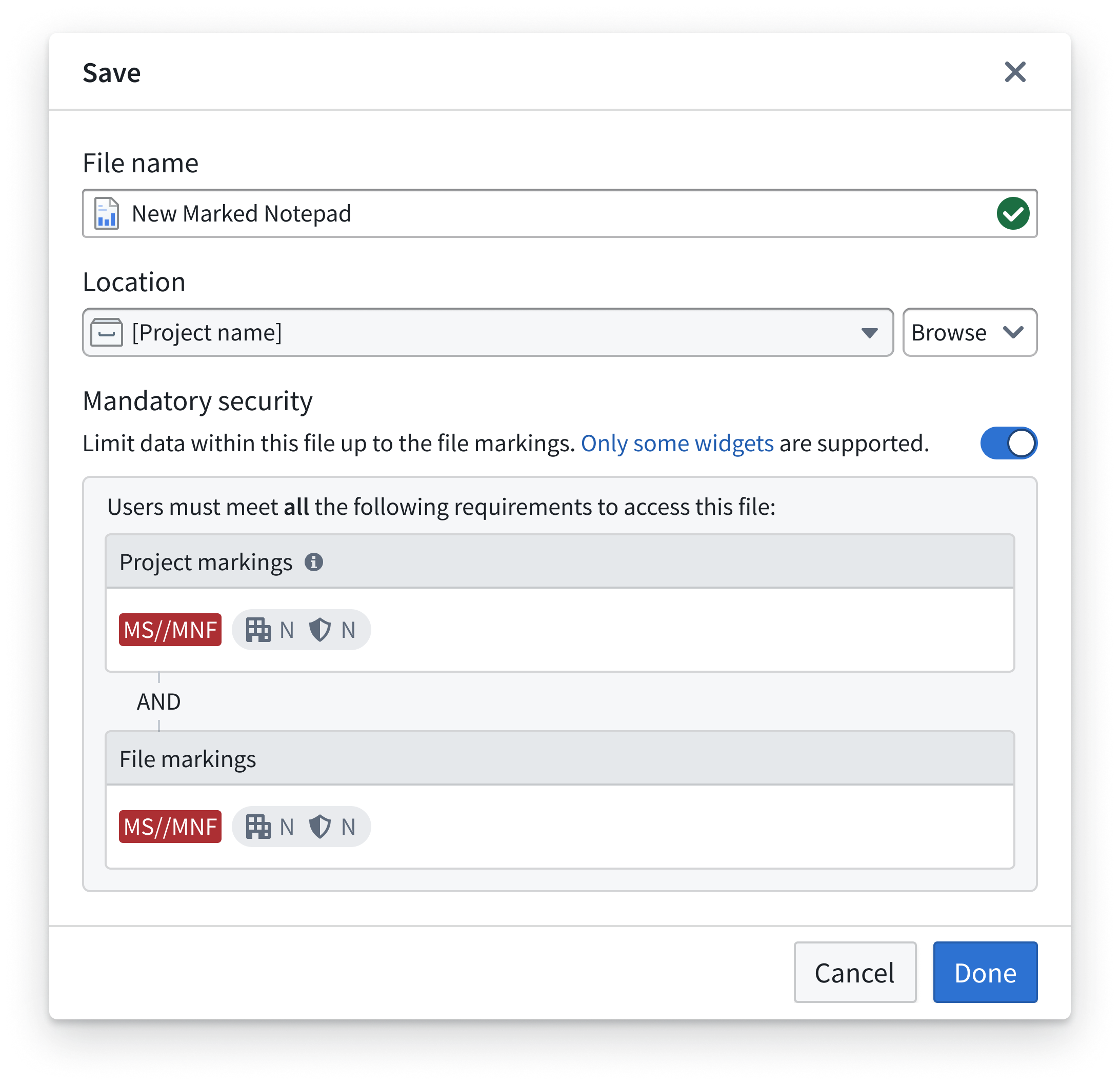 The Notepad creation dialog with the Mandatory security toggle enabled to apply envelope security.