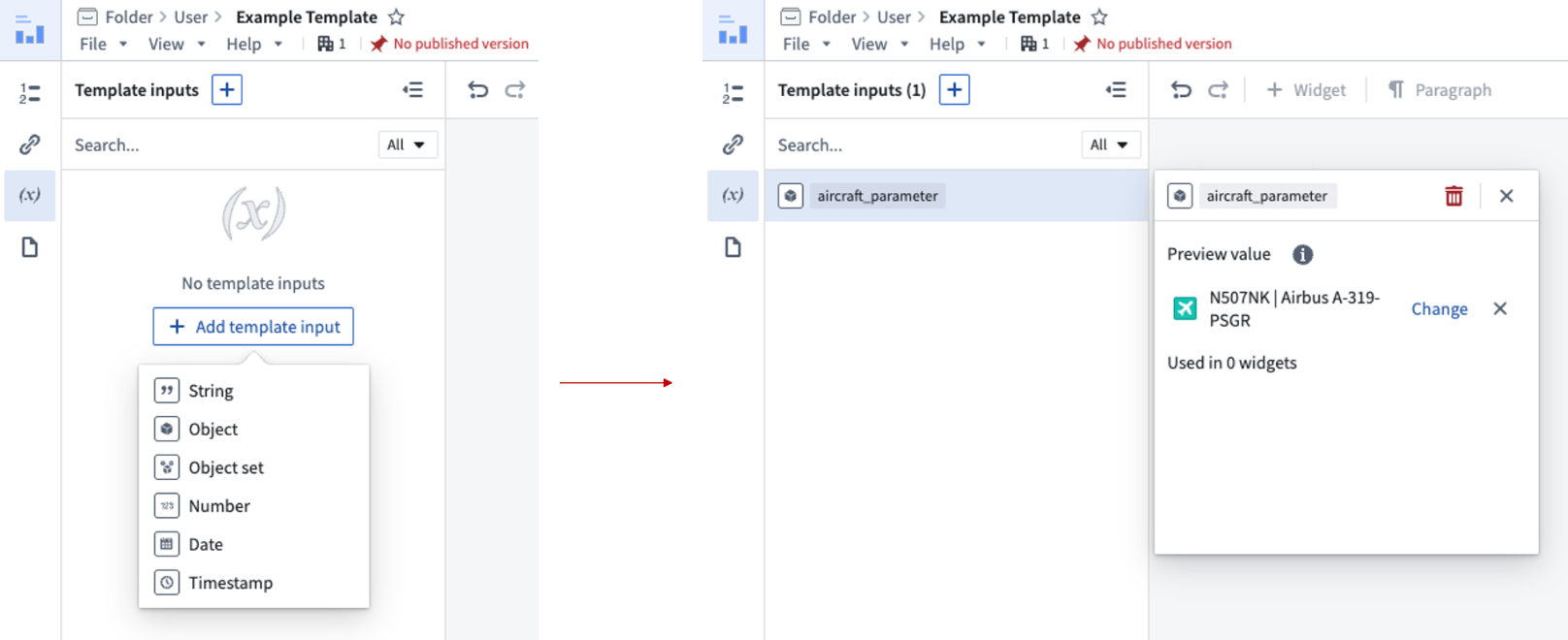 Notepad template inputs left panel.