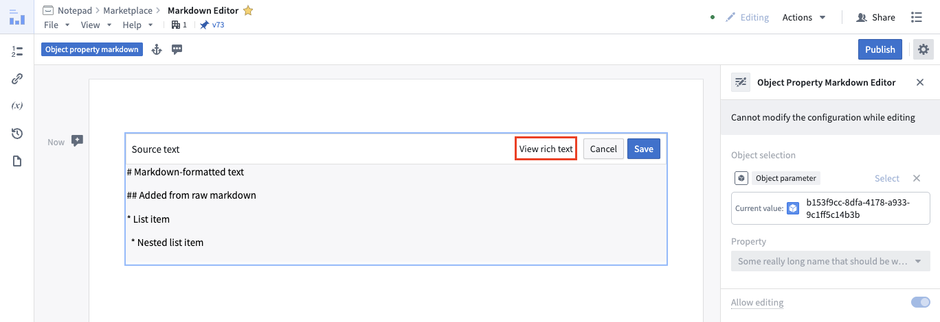The Object property Markdown editor widget on a Notepad document displays rich text to edit.