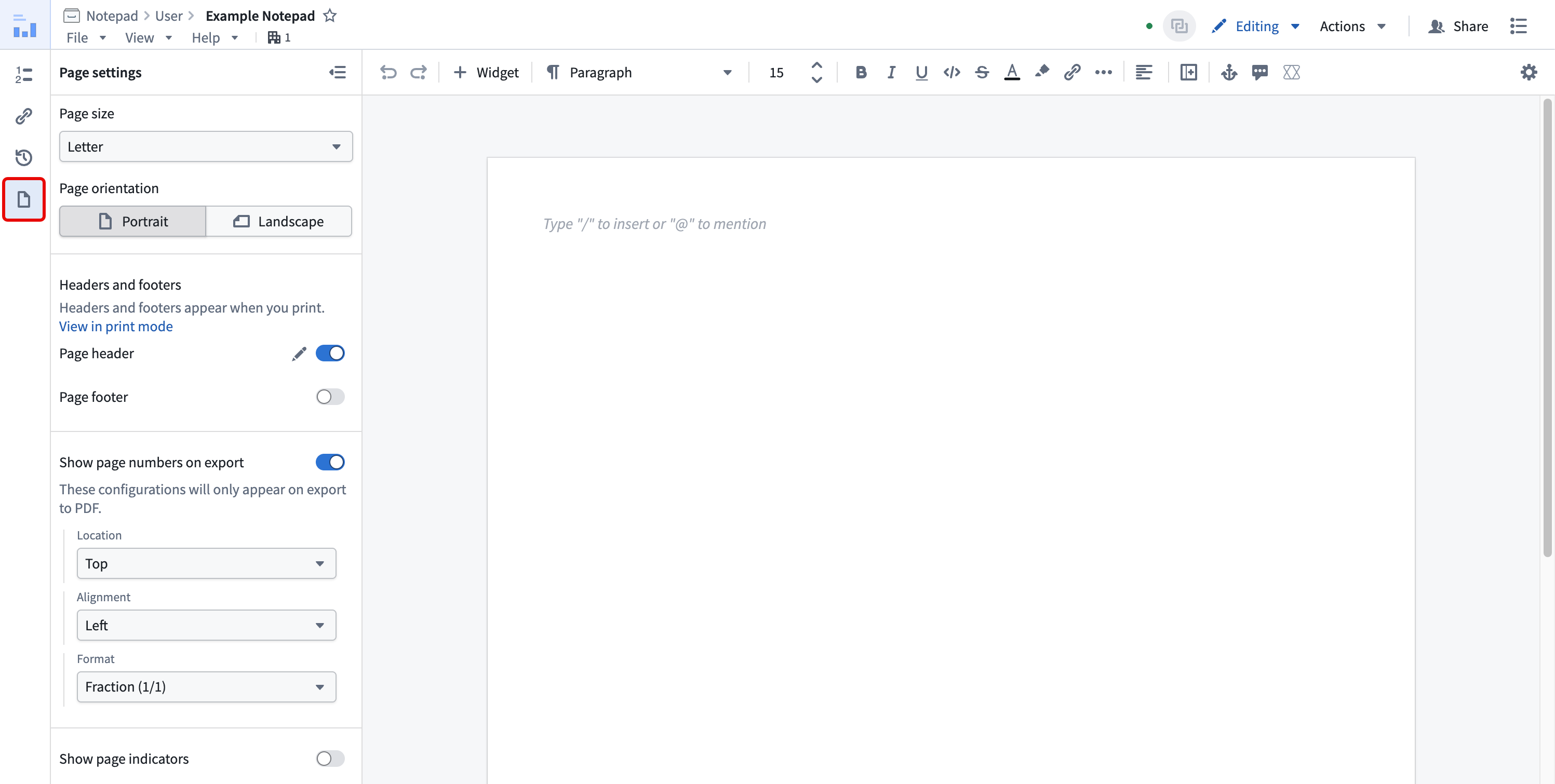 The Page settings panel in Notepad is displayed.