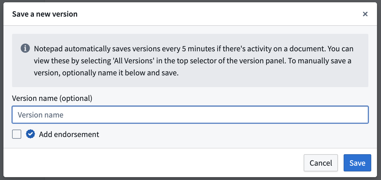 The "Save a new version" dialog.