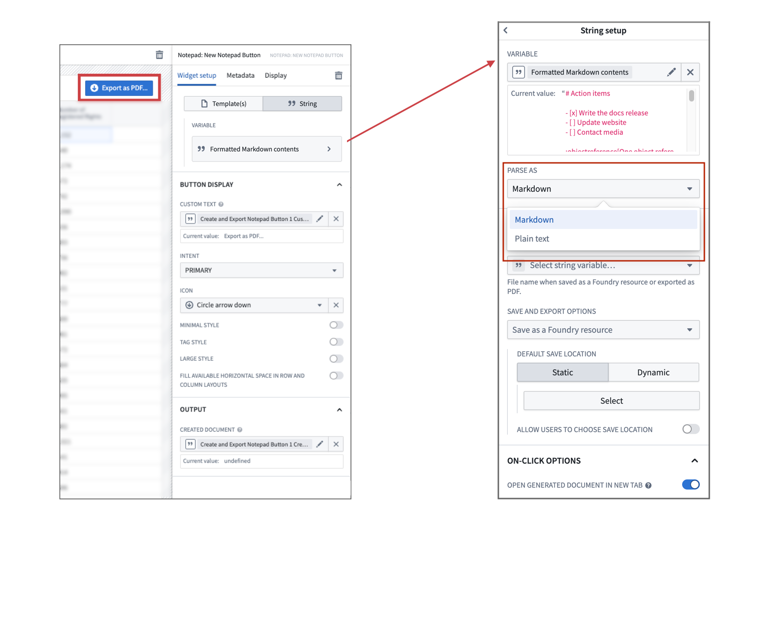 The configuration panel for the Notepad: New Notepad Button widget, with the option to parse a string variable value as Markdown or plain text.
