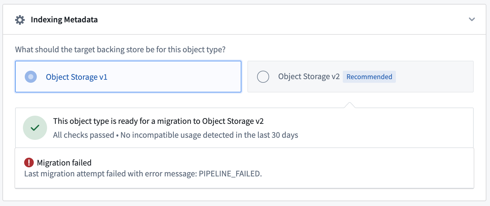 OSv1 to OSv2 migration failure