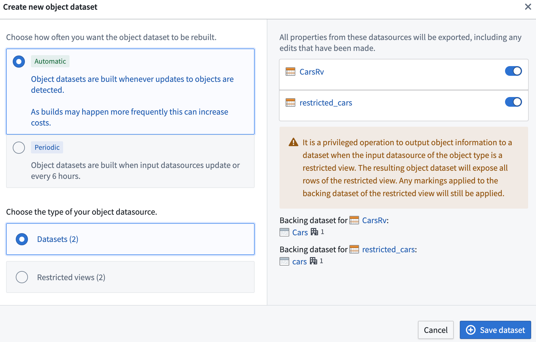 Materialized datasets with RV source