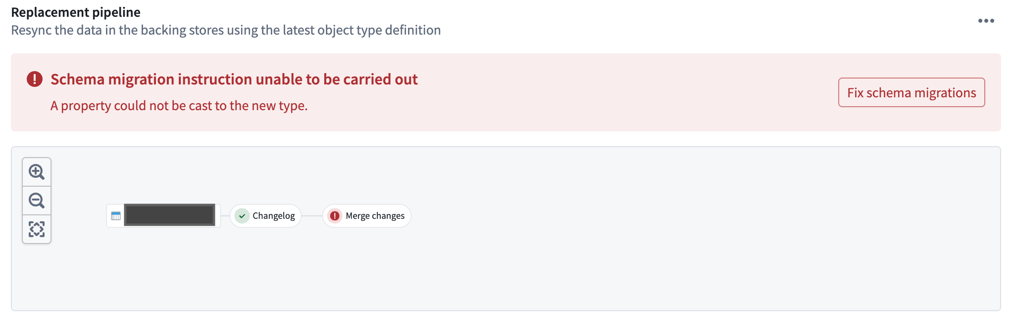 The Datasources tab displays an error message above the replacement pipeline with an option for recovering an object type from a failed schema migration.
