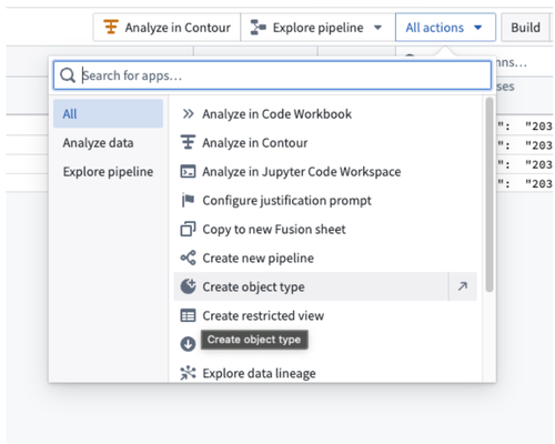 The All actions dropdown in the dataset detail page.