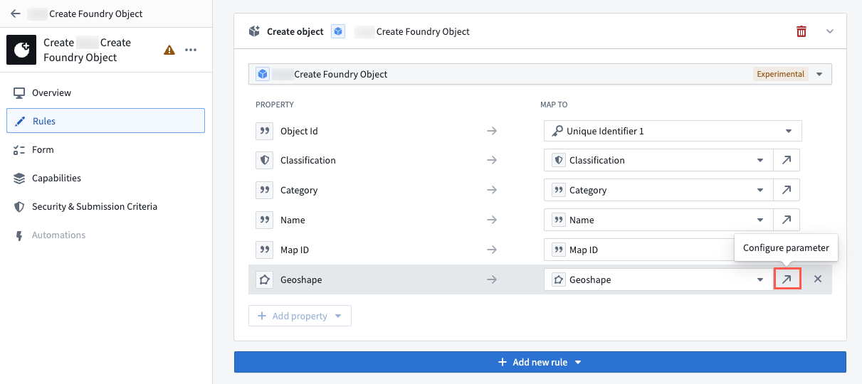 Ontology Manager's Create object window is displayed, where a user can map properties in the Rules panel to create a rule.