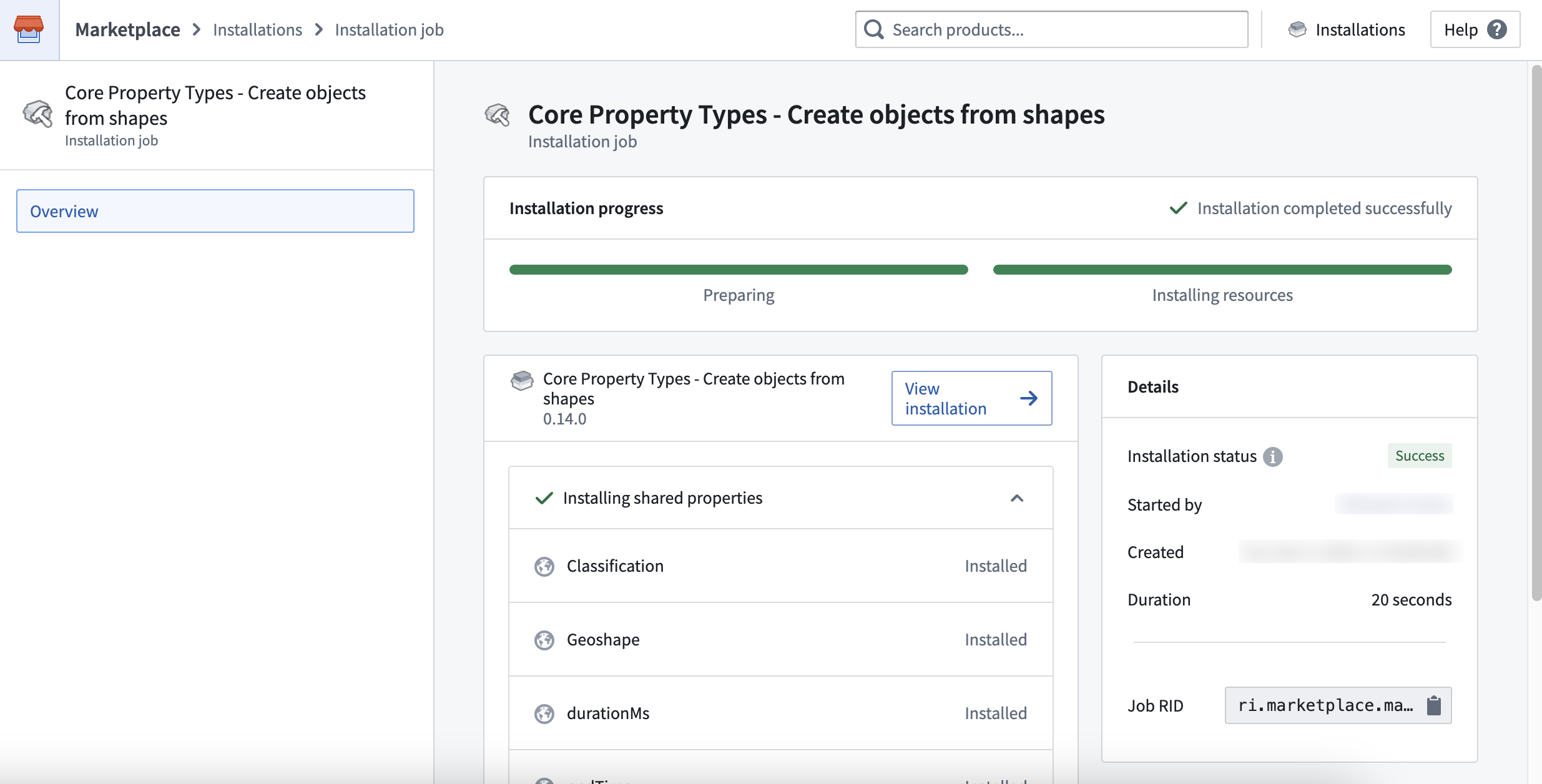 The Core Property Types product's installation job page is displayed, showing a successful installation along with product details.