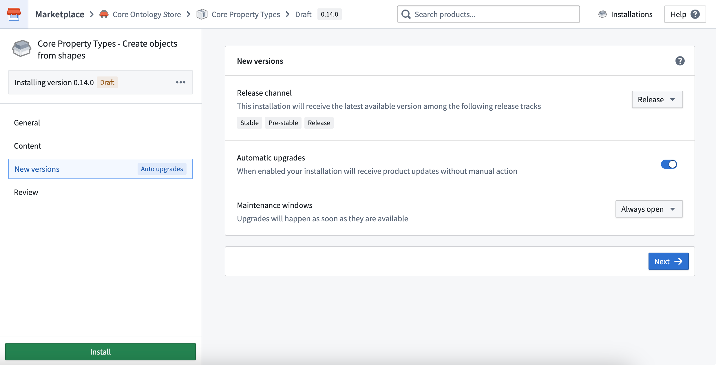 The New versions page within the Core Property Types product's installation menu is displayed, where a user can optionally toggle off the product's automatic upgrades and define its maintenance window.