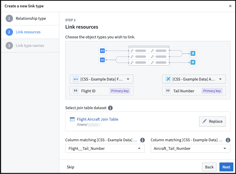 Select link type relationship type