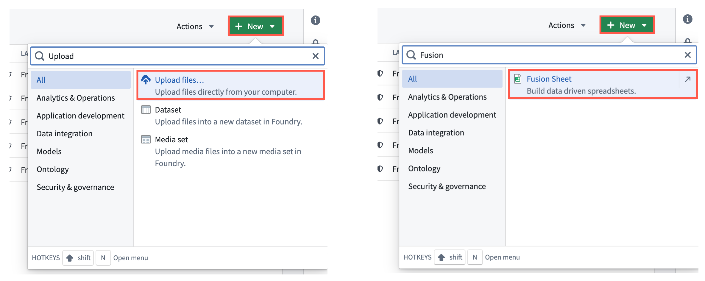 Users can select the New button from their Project to upload data as a .csv or create a new Fusion sheet to store data which will back a restricted view.