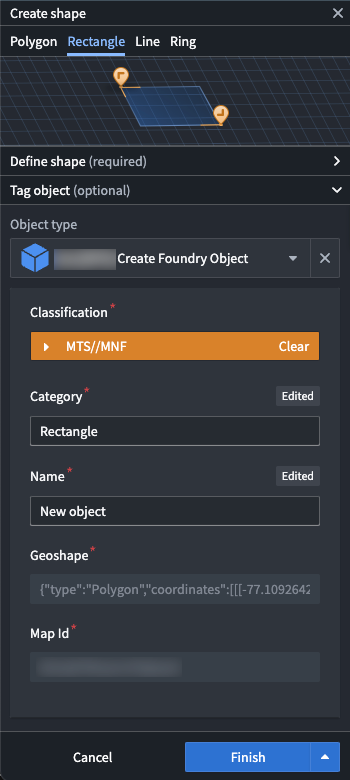 A Gaia map's Create shape window in the left panel is displayed, where a user can tag a shape drawn on a map as an object within an object type in their Ontology.