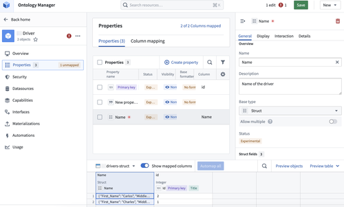 The object type Properties table and 'Property editor' panel.