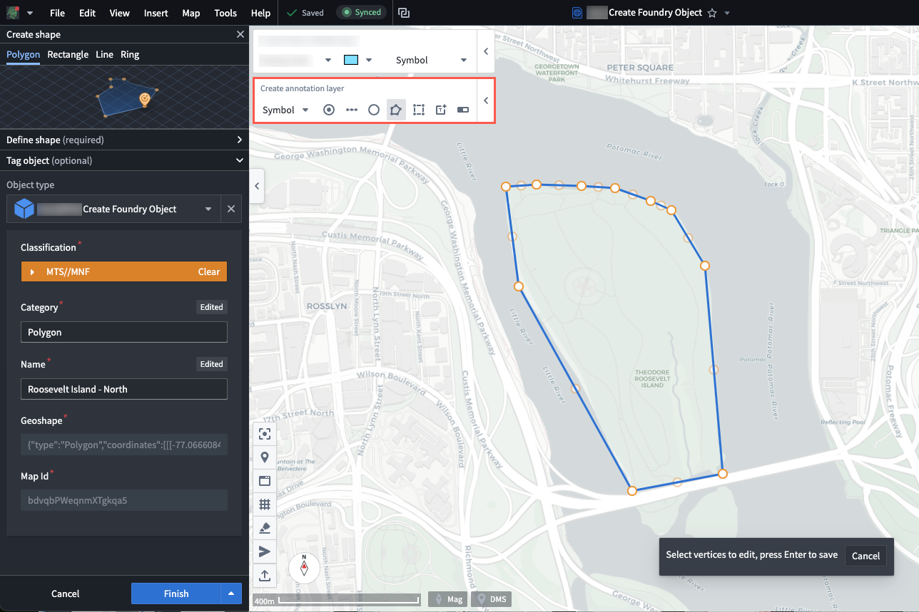 A polygon is drawn on a Gaia map, where a user can geotag it to an object type.