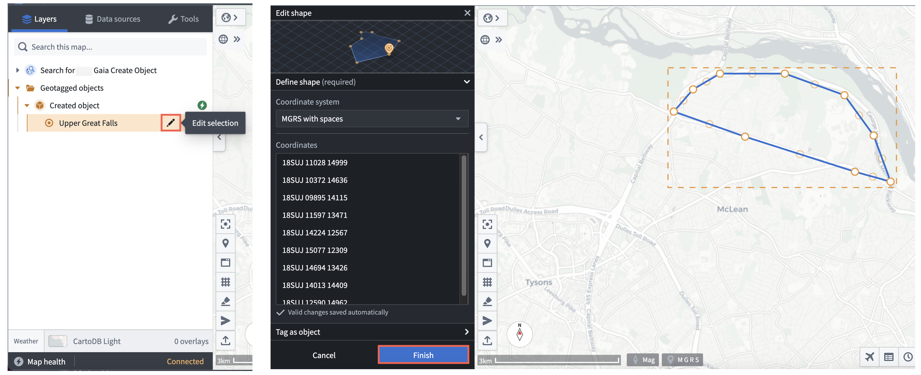 Users can edit an object on their Gaia map by selecting the pencil icon to launch the Edit shape window in the left panel.