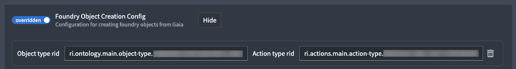 The Gaia admin application's Foundry Object Creation Config panel.